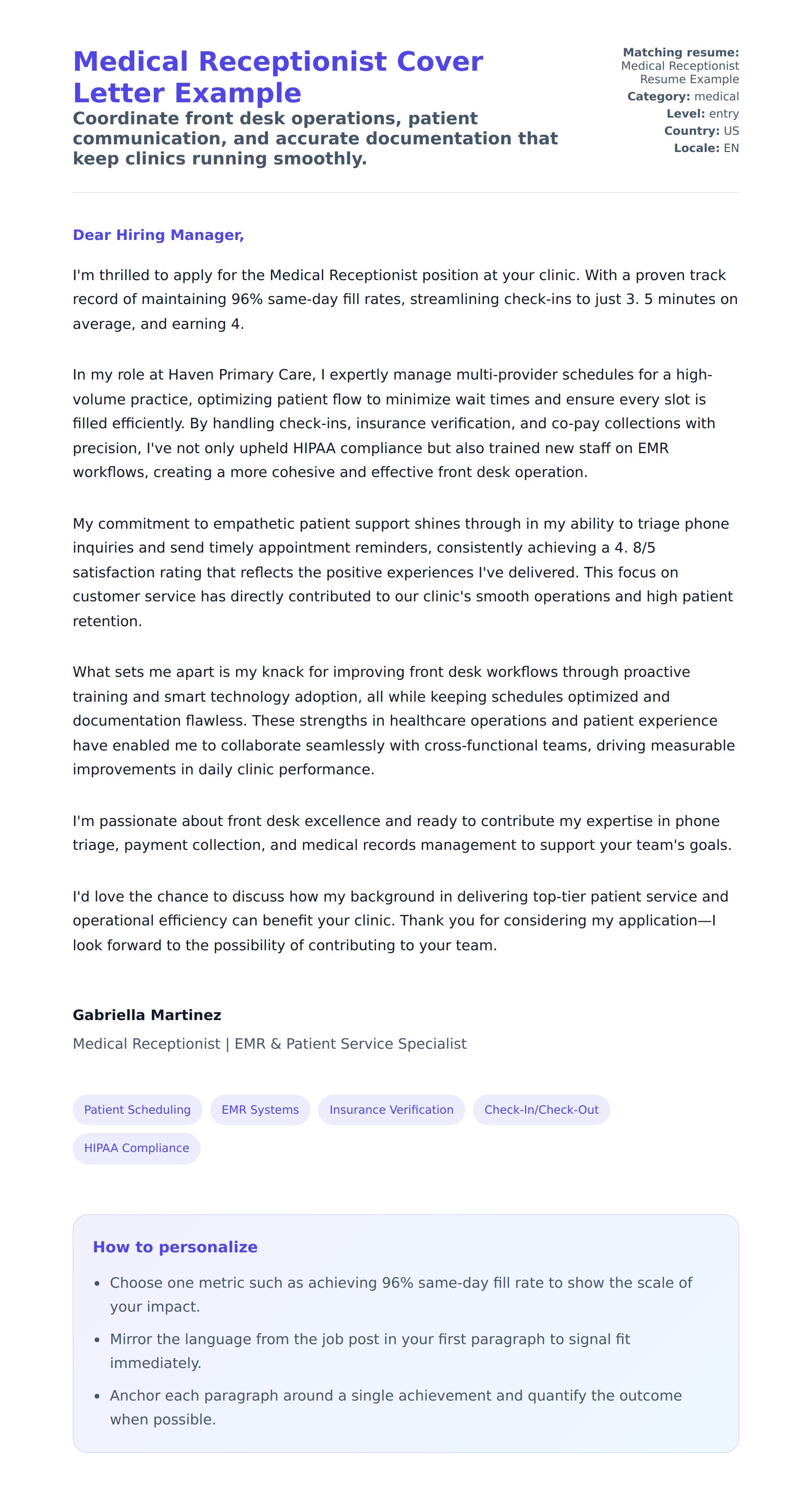 Cover Letter preview for Medical Receptionist Cover Letter Example