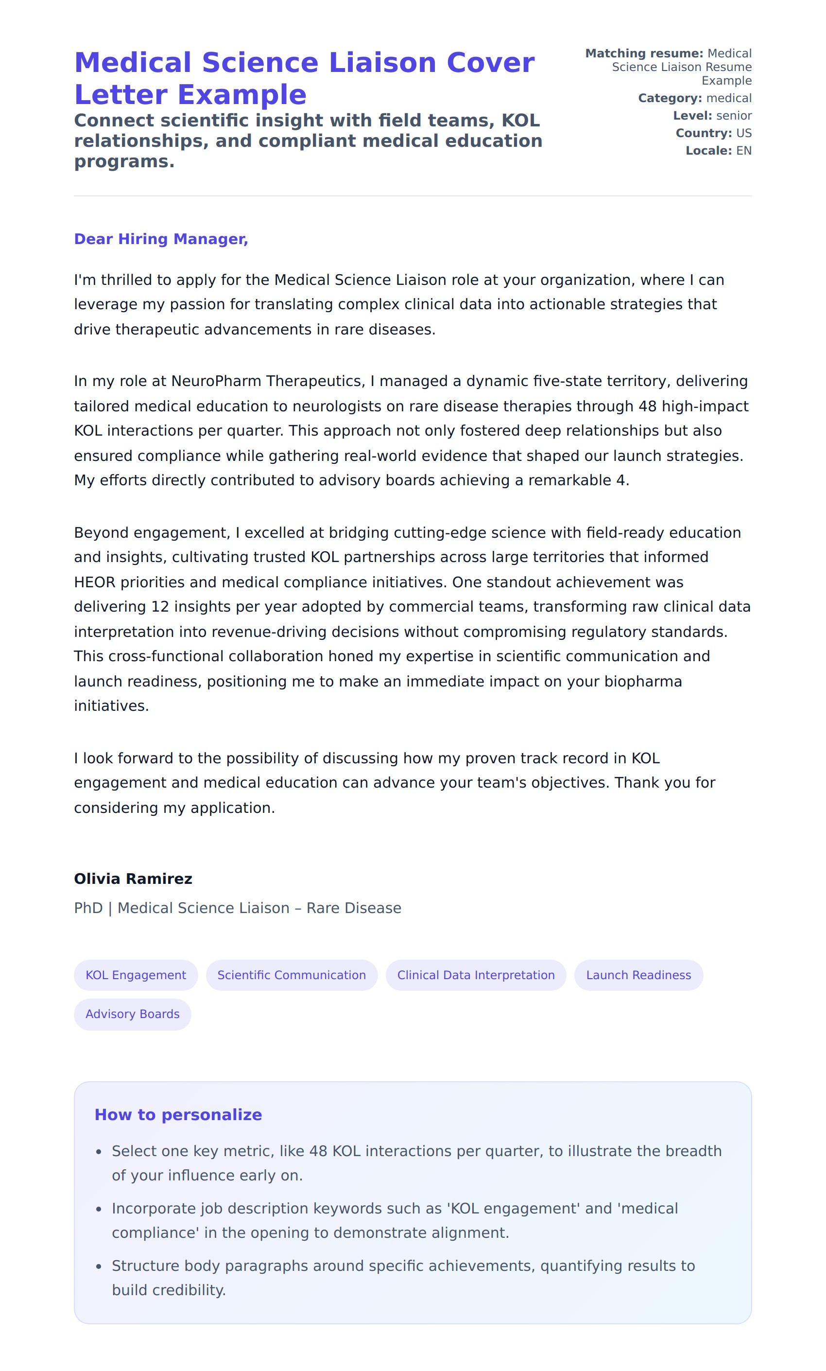 Cover Letter preview for Medical Science Liaison Cover Letter Example