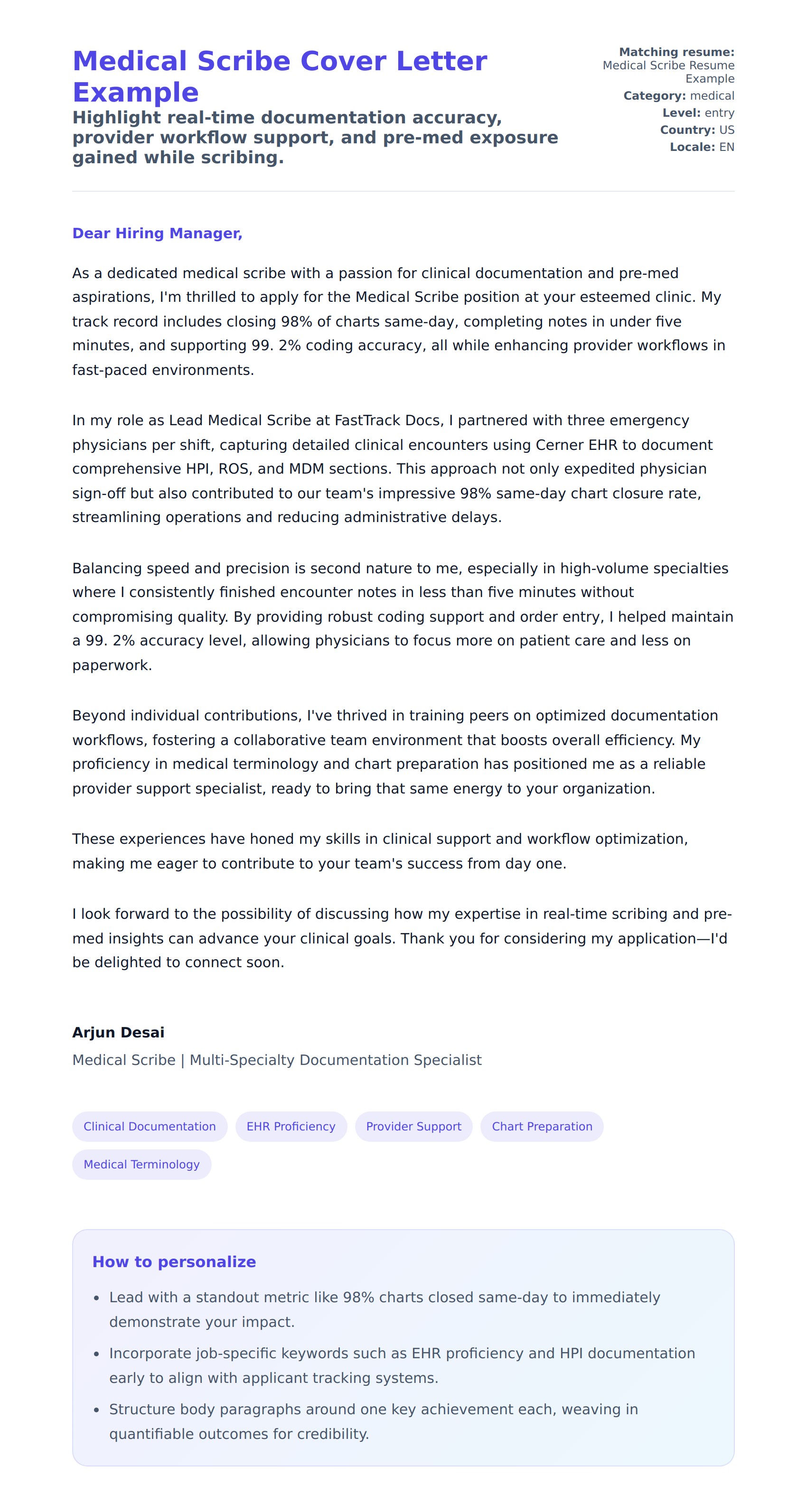 Cover Letter preview for Medical Scribe Cover Letter Example
