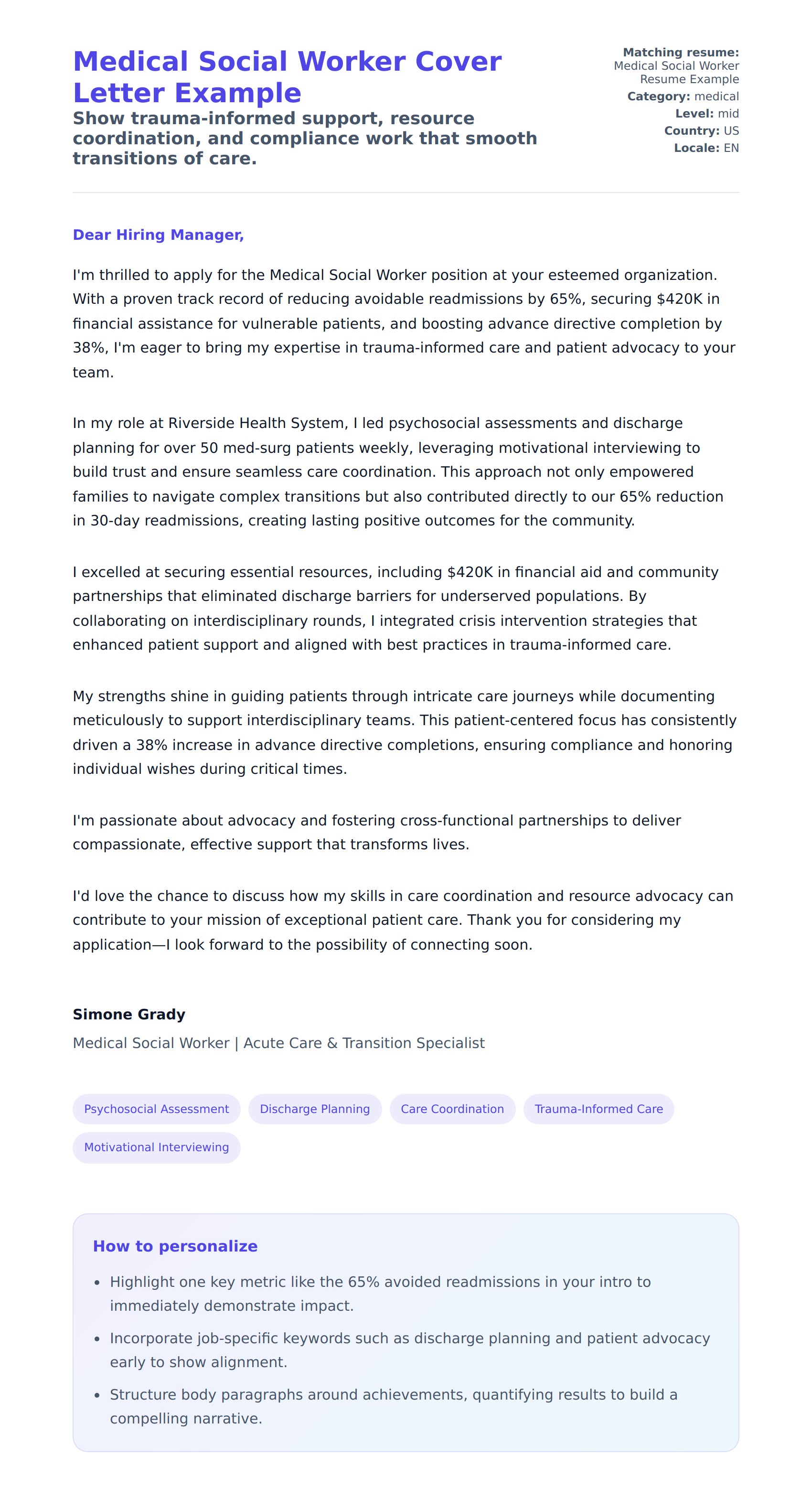 Cover Letter preview for Medical Social Worker Cover Letter Example