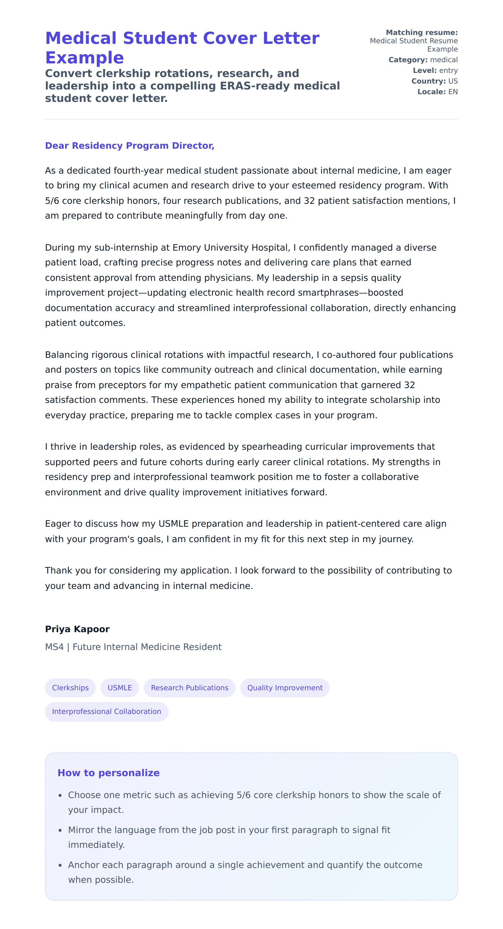 Cover Letter preview for Medical Student Cover Letter Example