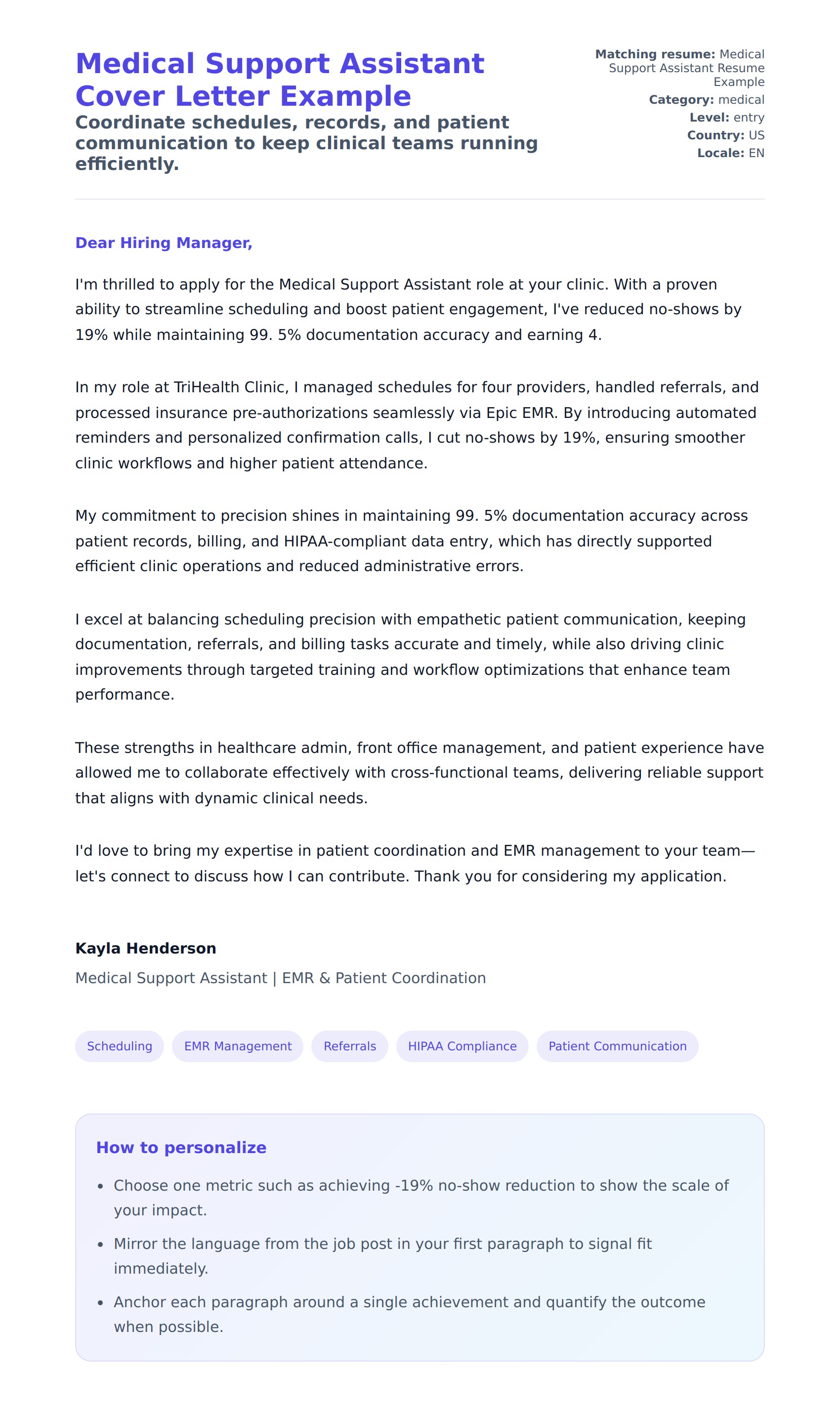 Cover Letter preview for Medical Support Assistant Cover Letter Example
