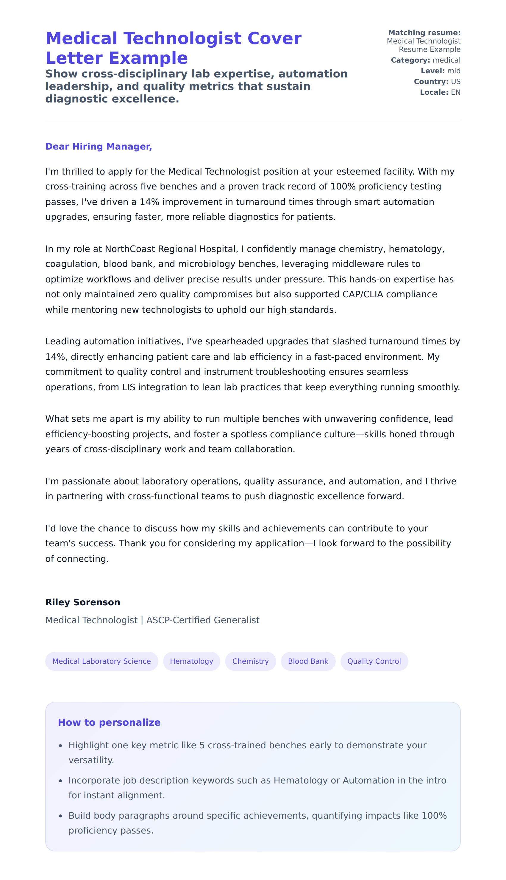 Cover Letter preview for Medical Technologist Cover Letter Example