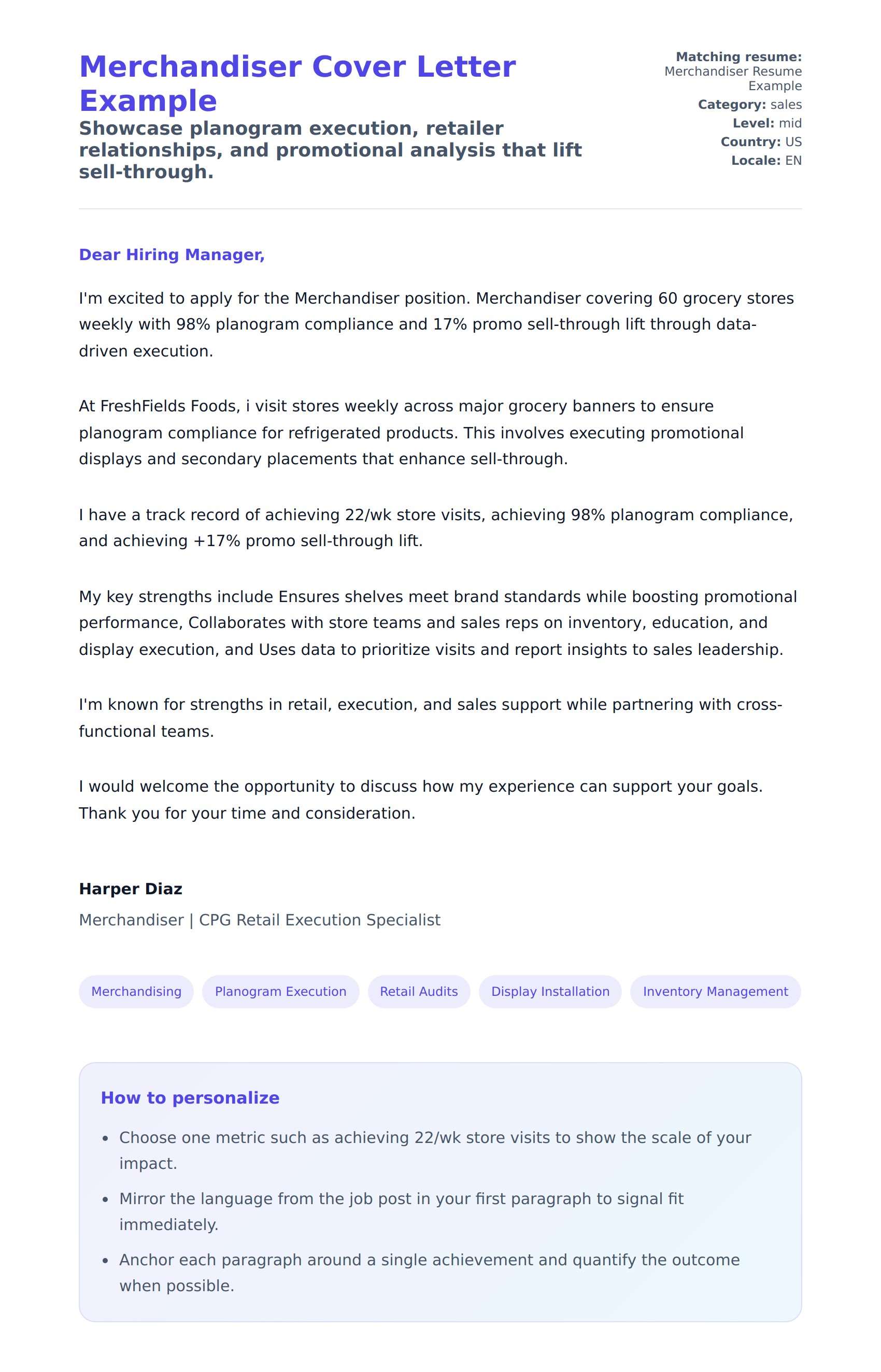 Cover Letter preview for Merchandiser Cover Letter Example