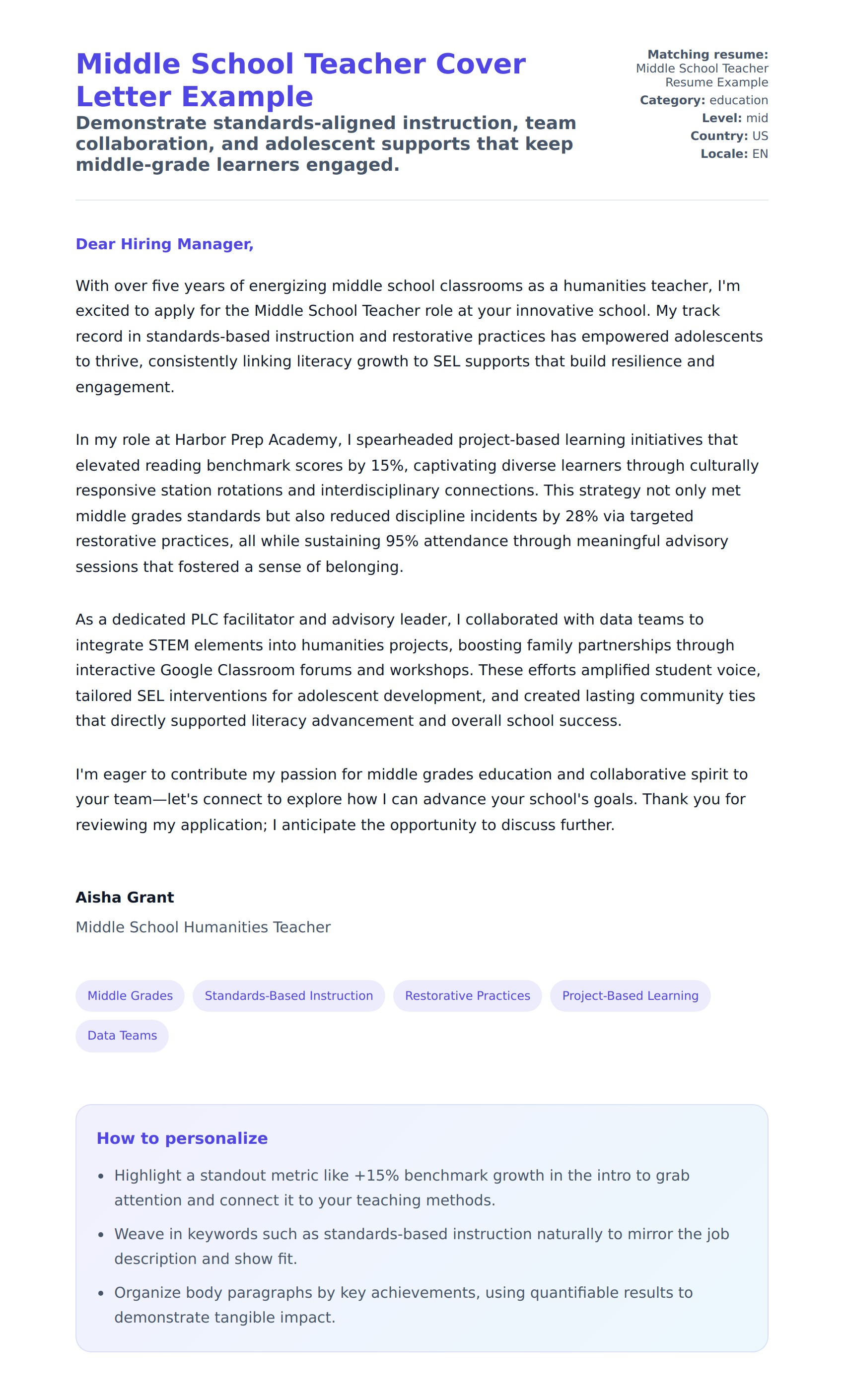 Cover Letter preview for Middle School Teacher Cover Letter Example
