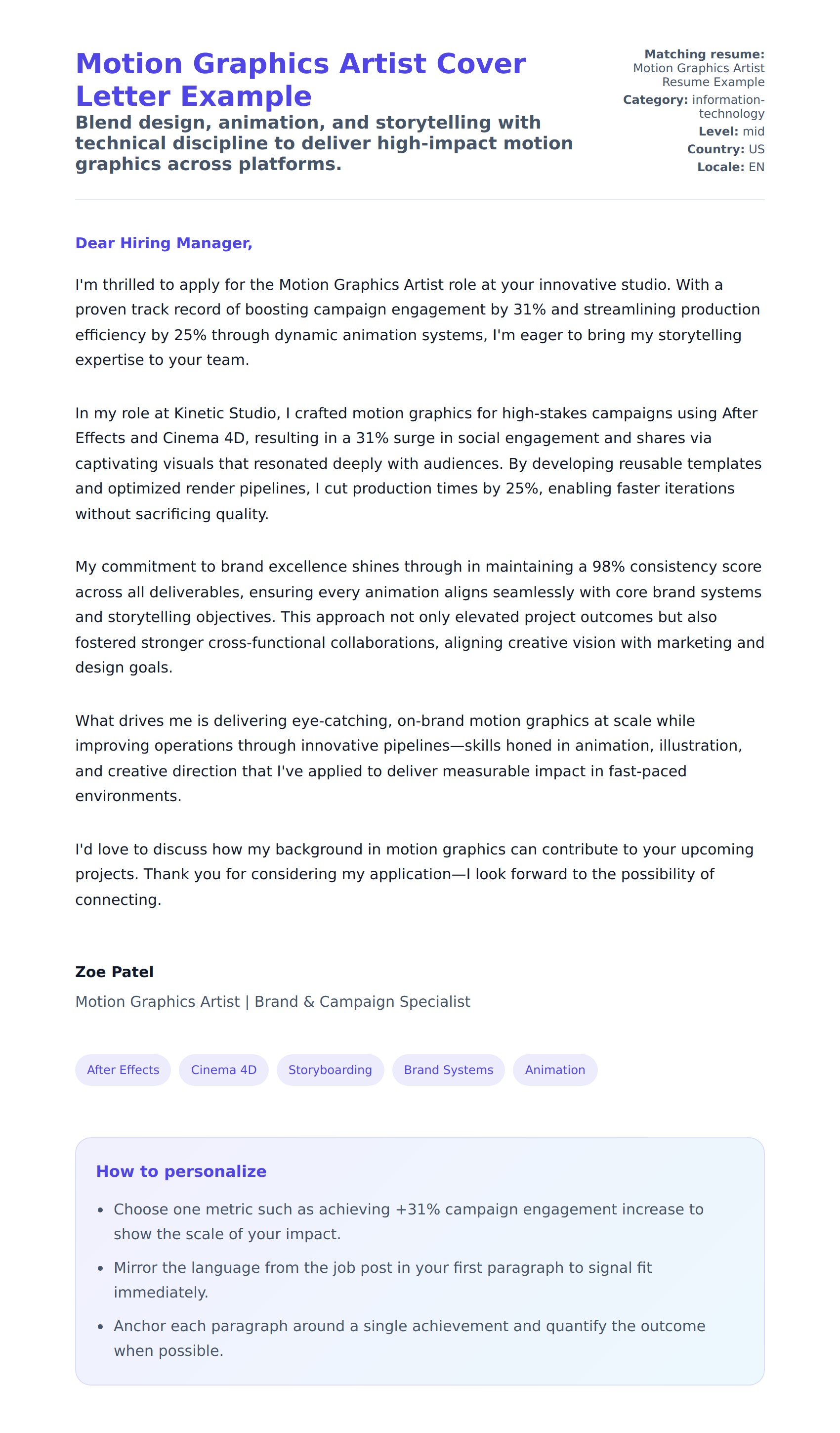 Cover Letter preview for Motion Graphics Artist Cover Letter Example