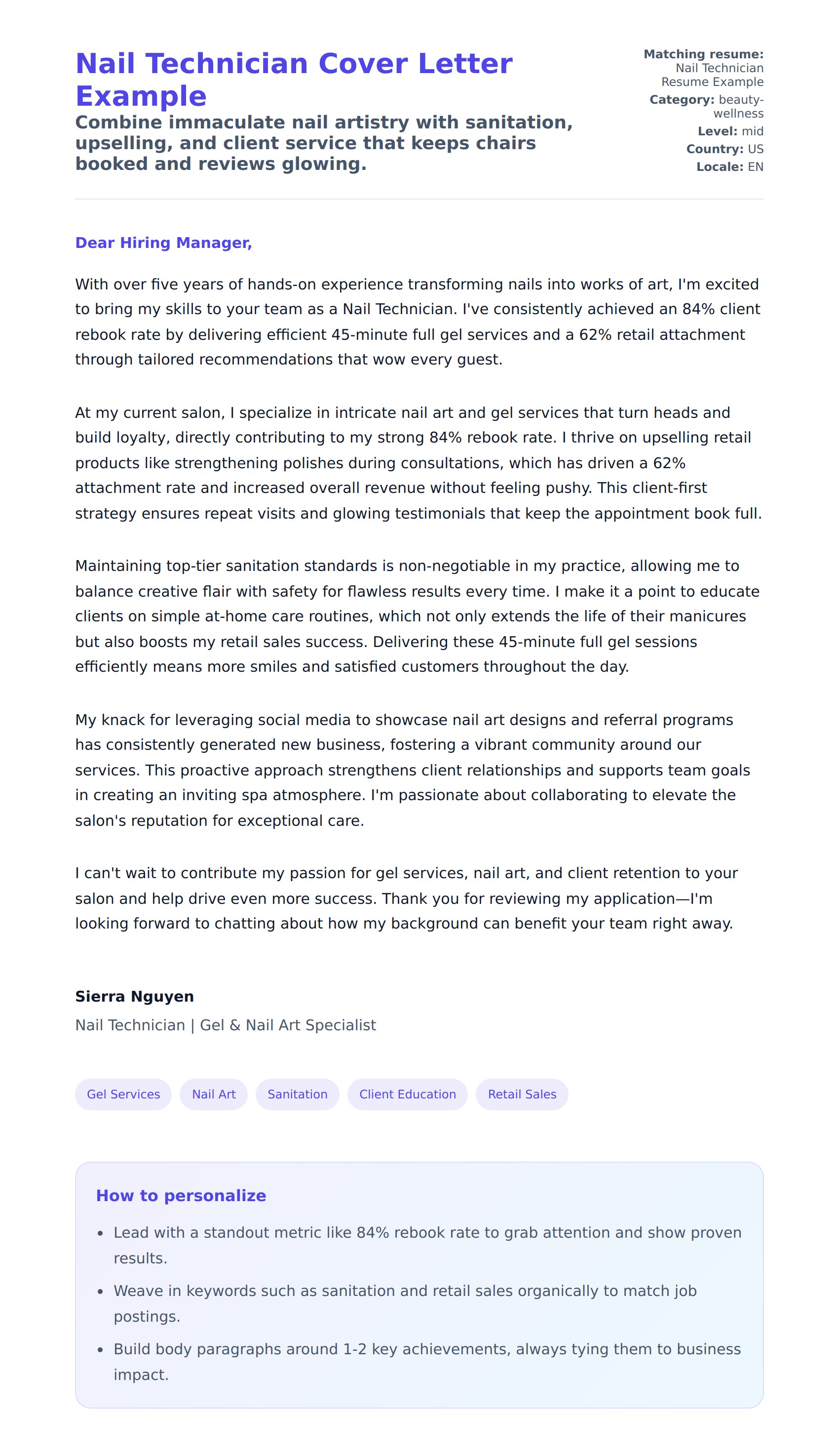 Cover Letter preview for Nail Technician Cover Letter Example