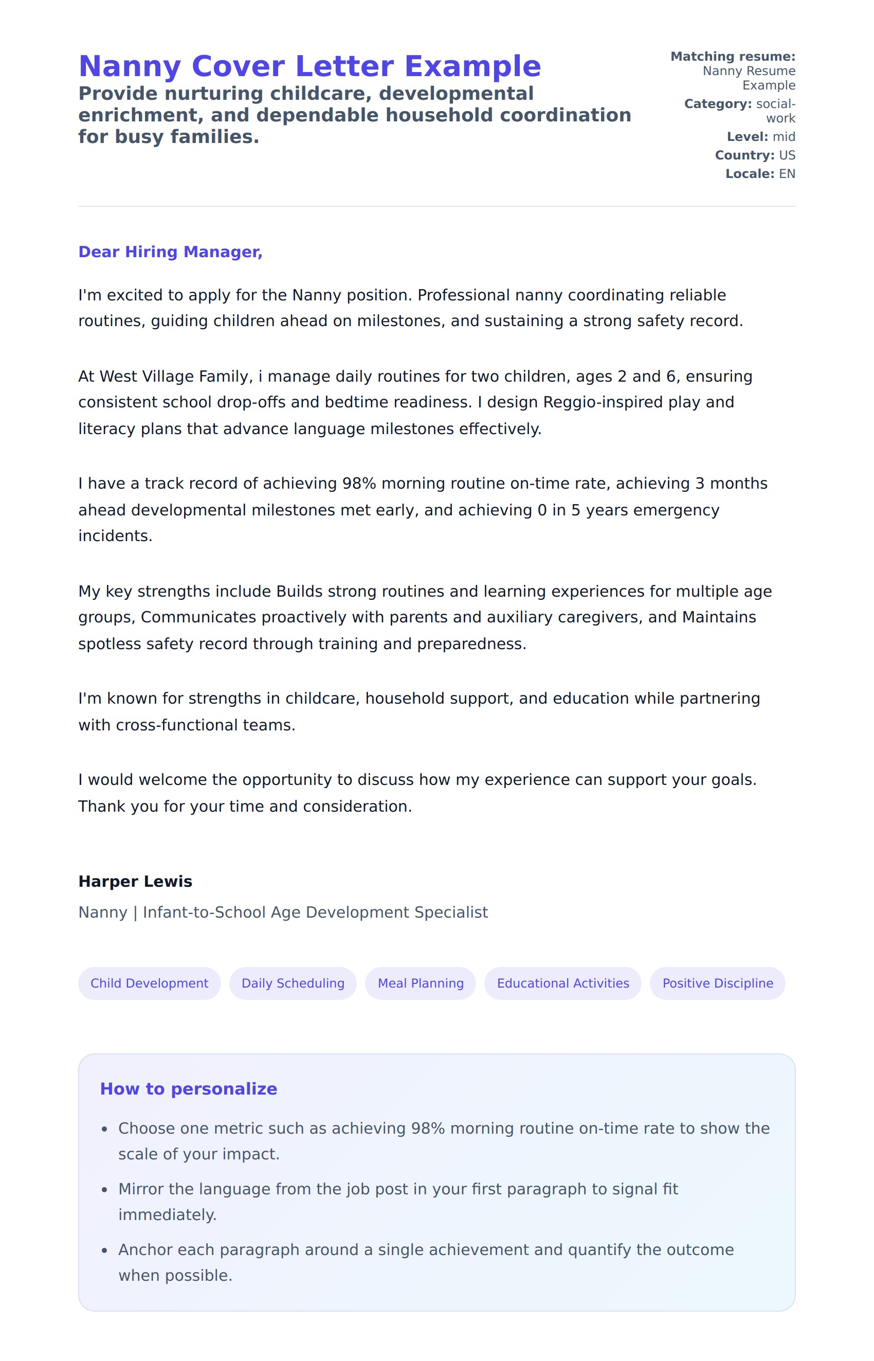 Cover Letter preview for Nanny Cover Letter Example