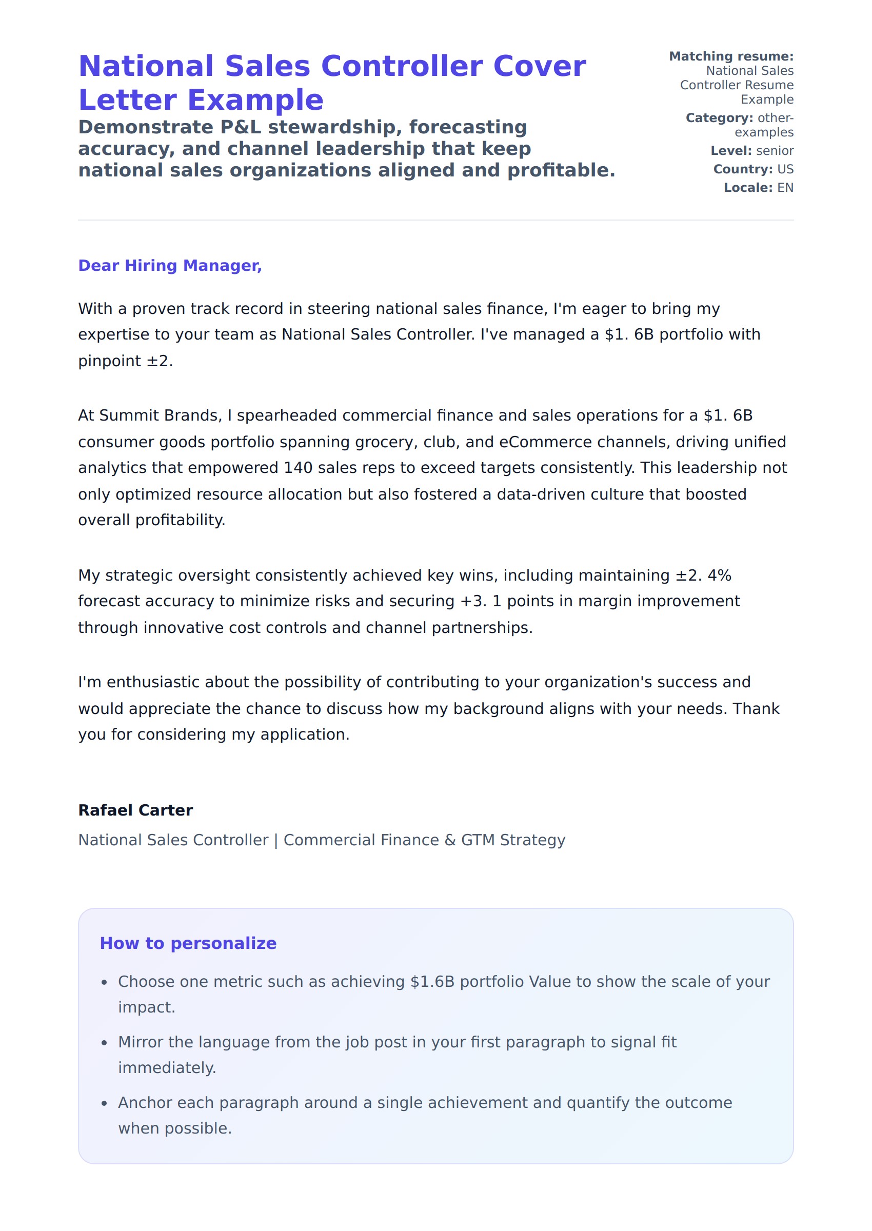 Cover Letter preview for National Sales Controller Cover Letter Example