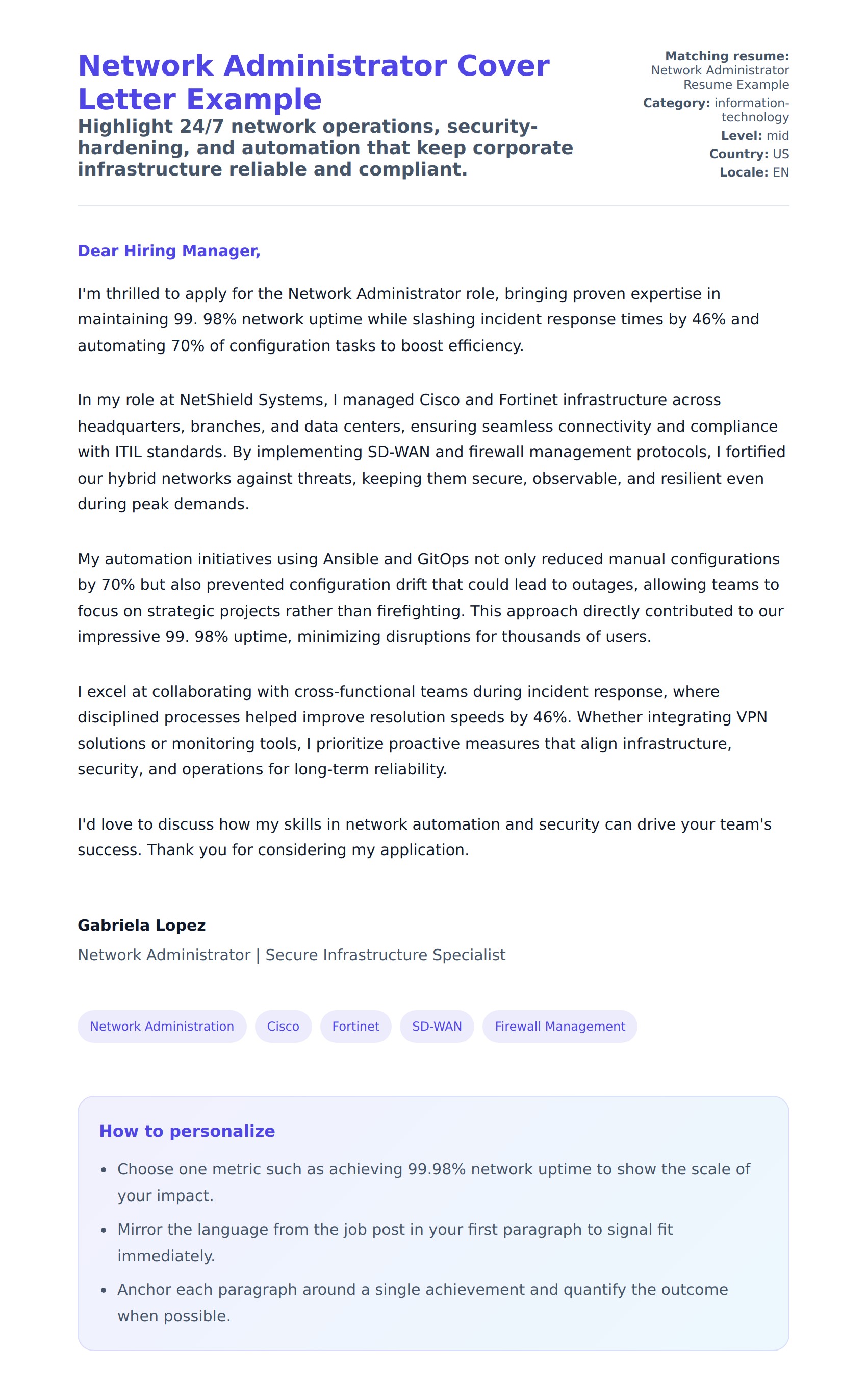 Cover Letter preview for Network Administrator Cover Letter Example