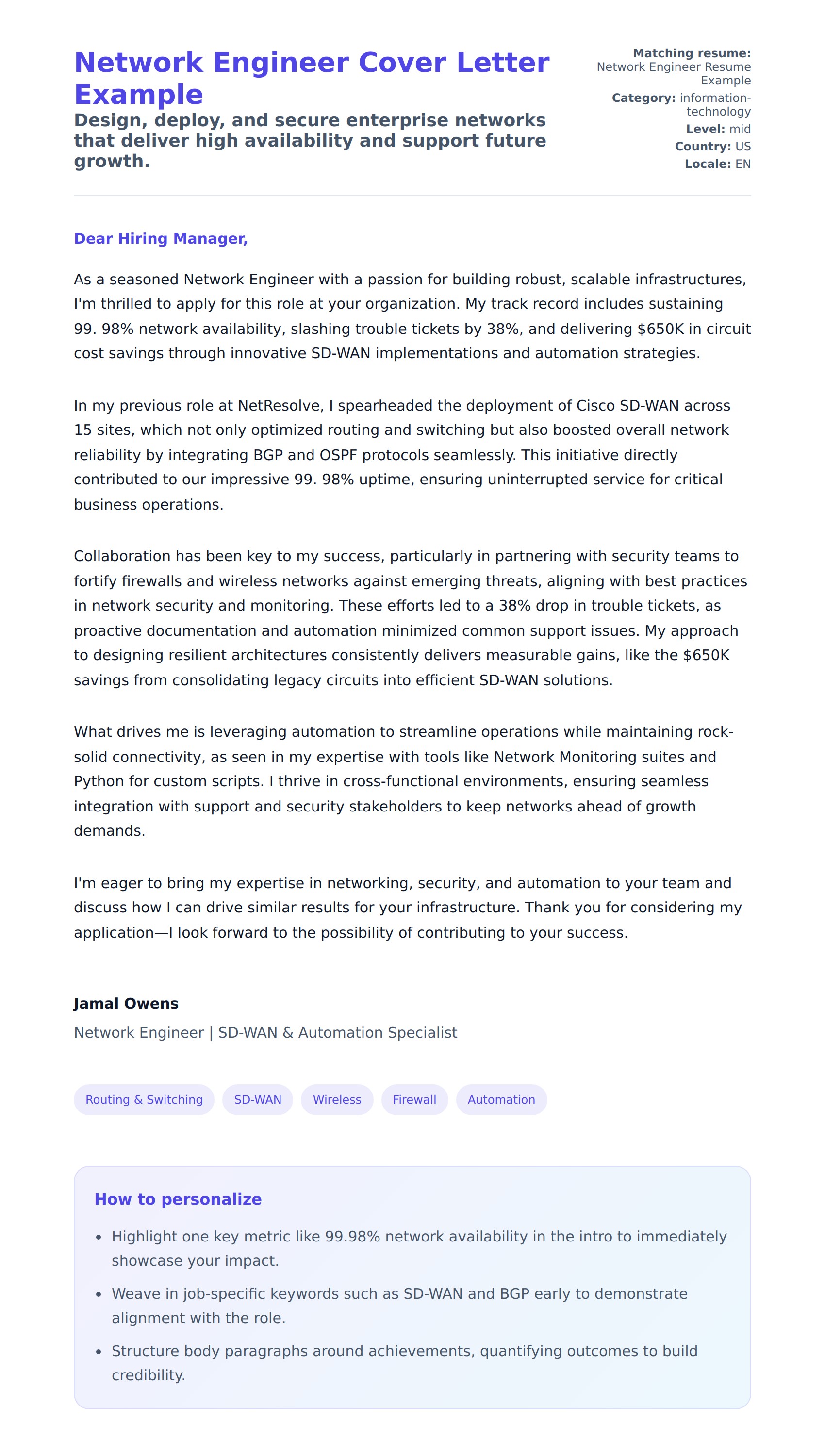 Cover Letter preview for Network Engineer Cover Letter Example