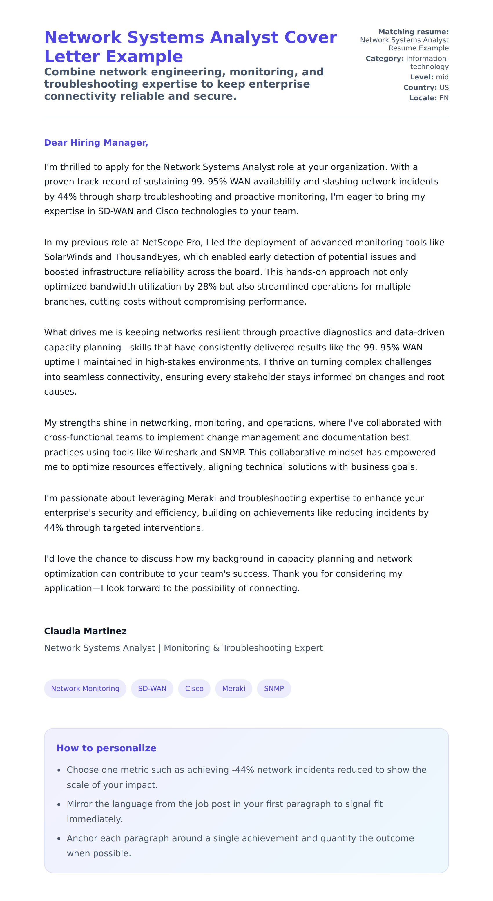 Cover Letter preview for Network Systems Analyst Cover Letter Example