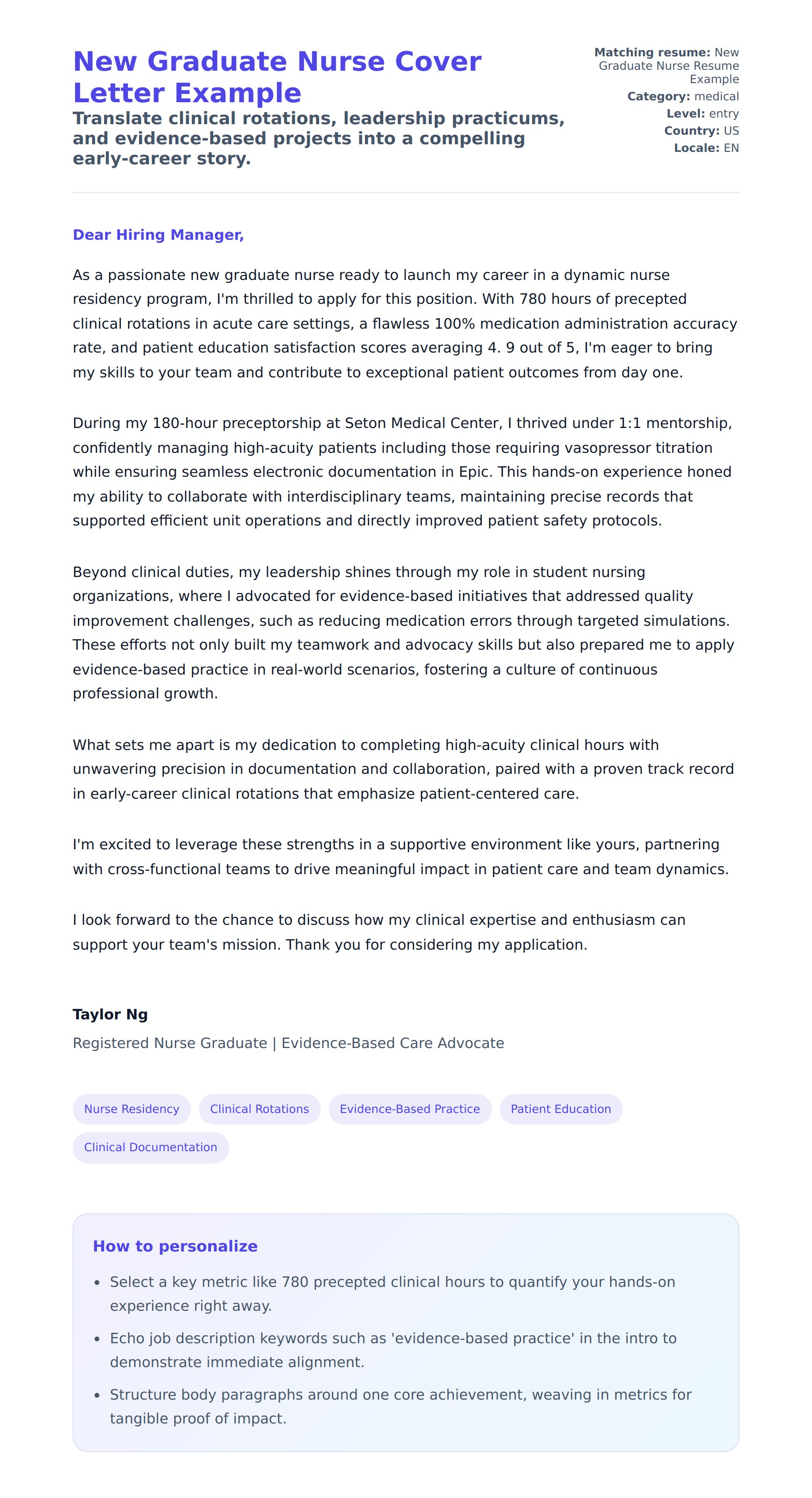 Cover Letter preview for New Graduate Nurse Cover Letter Example