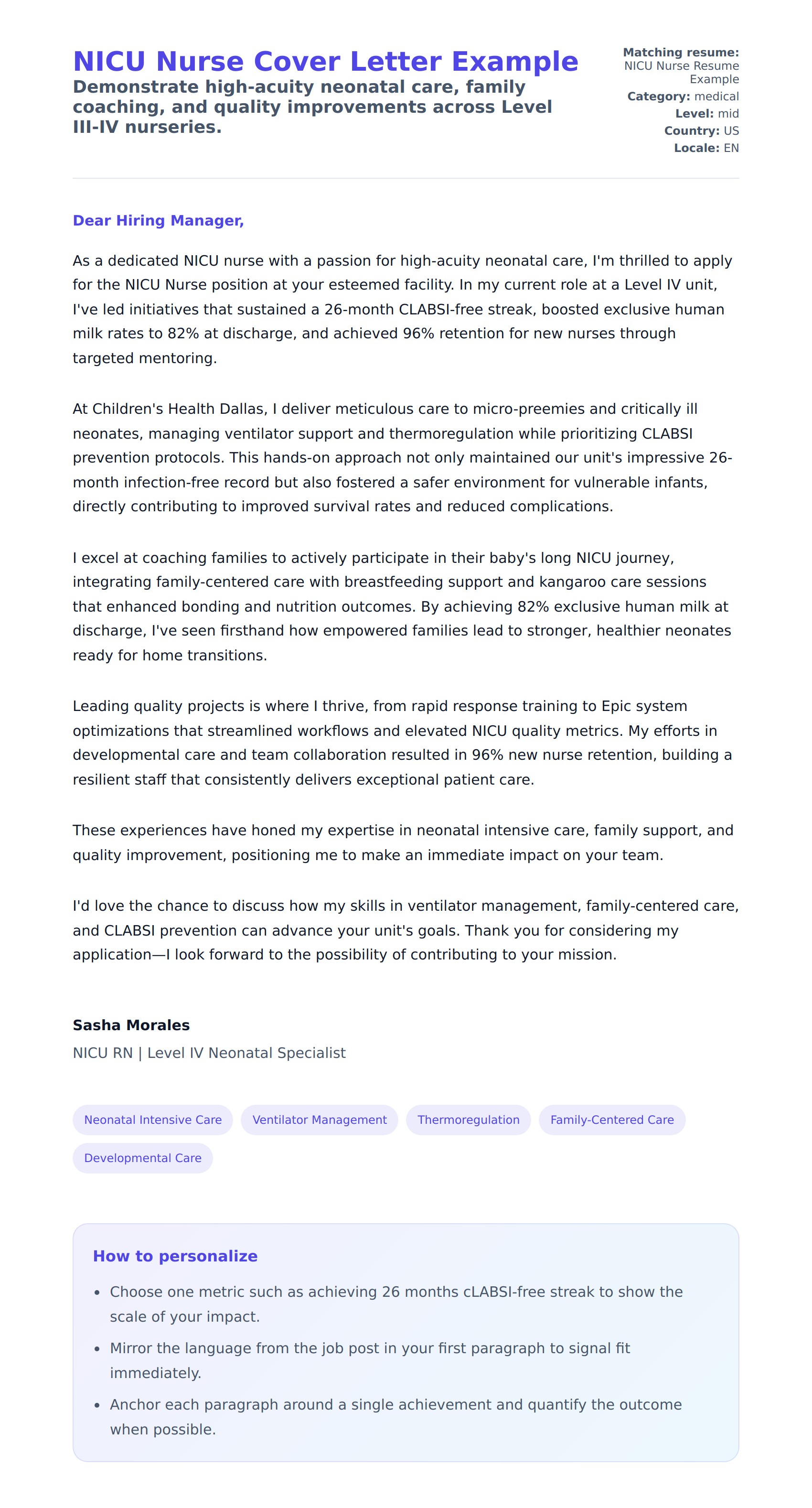 Cover Letter preview for NICU Nurse Cover Letter Example