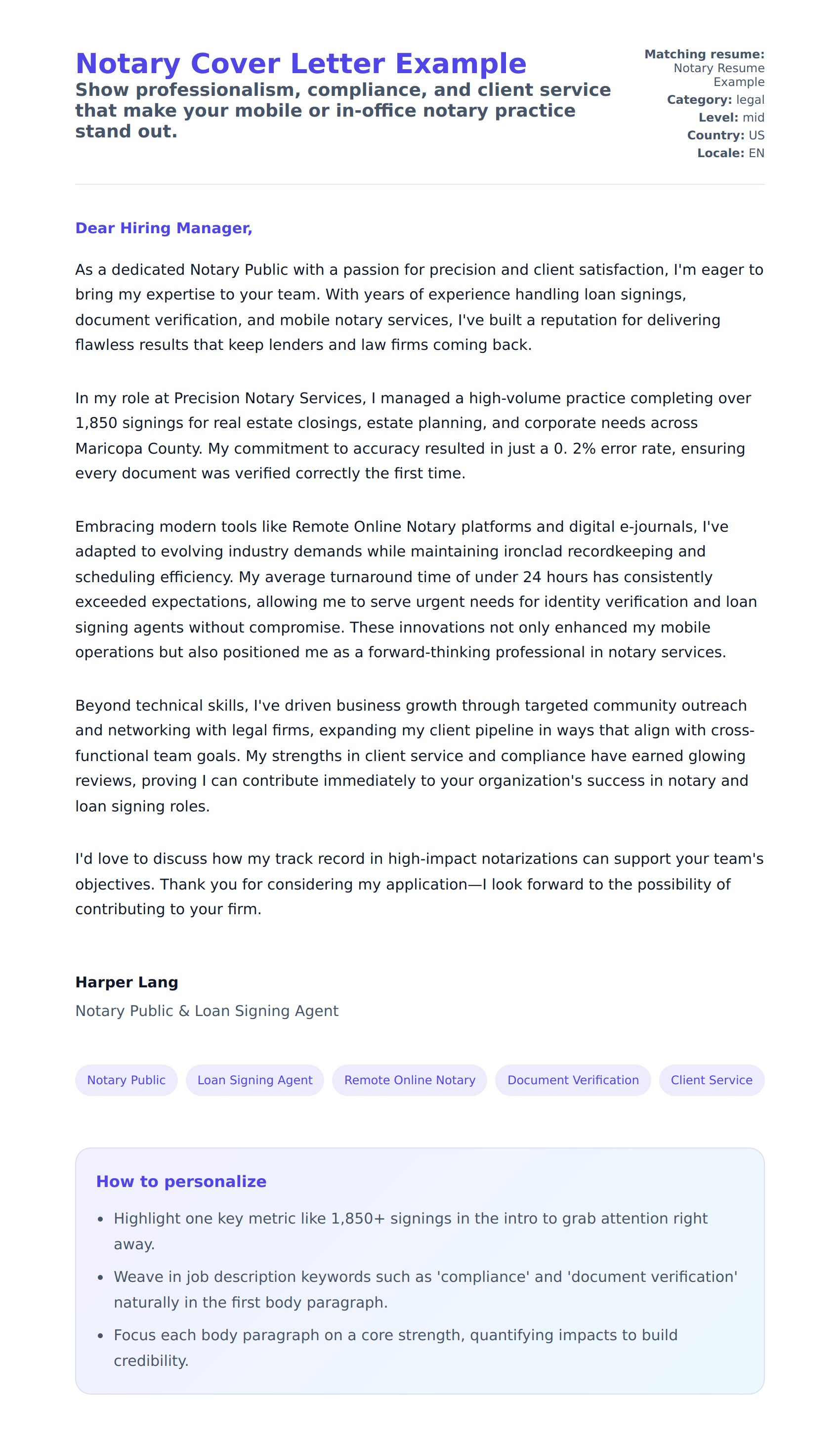 Cover Letter preview for Notary Cover Letter Example