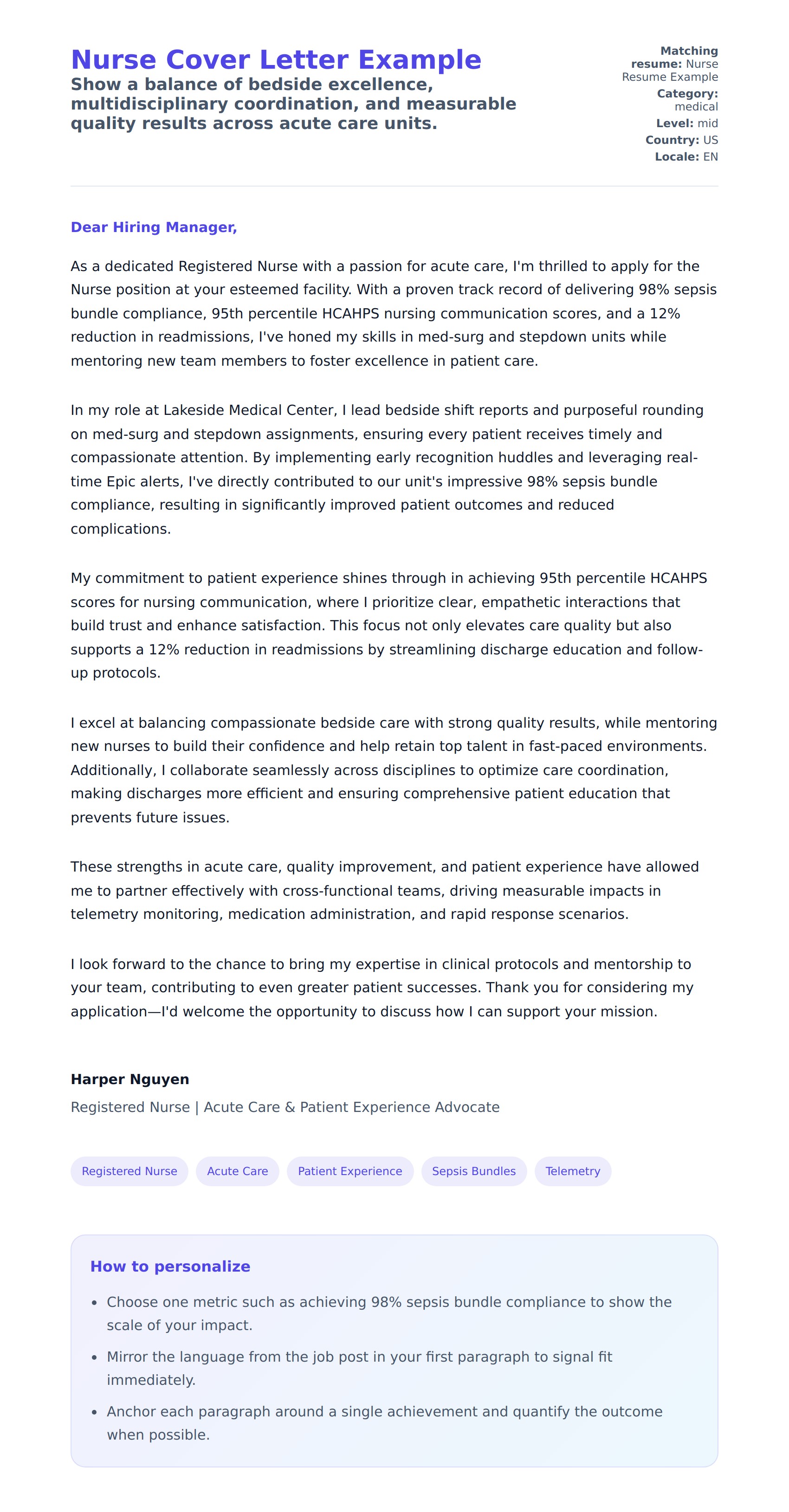 Cover Letter preview for Nurse Cover Letter Example
