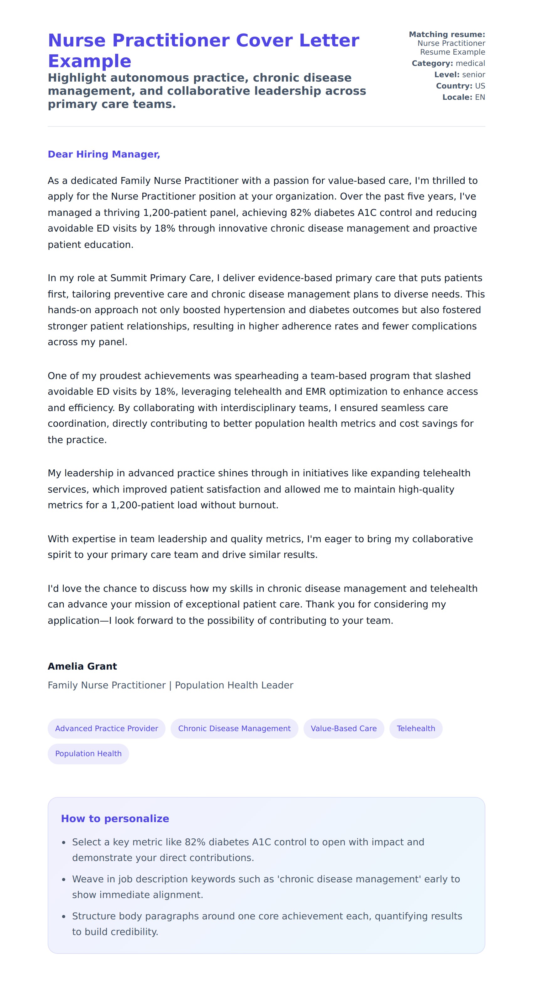 Cover Letter preview for Nurse Practitioner Cover Letter Example