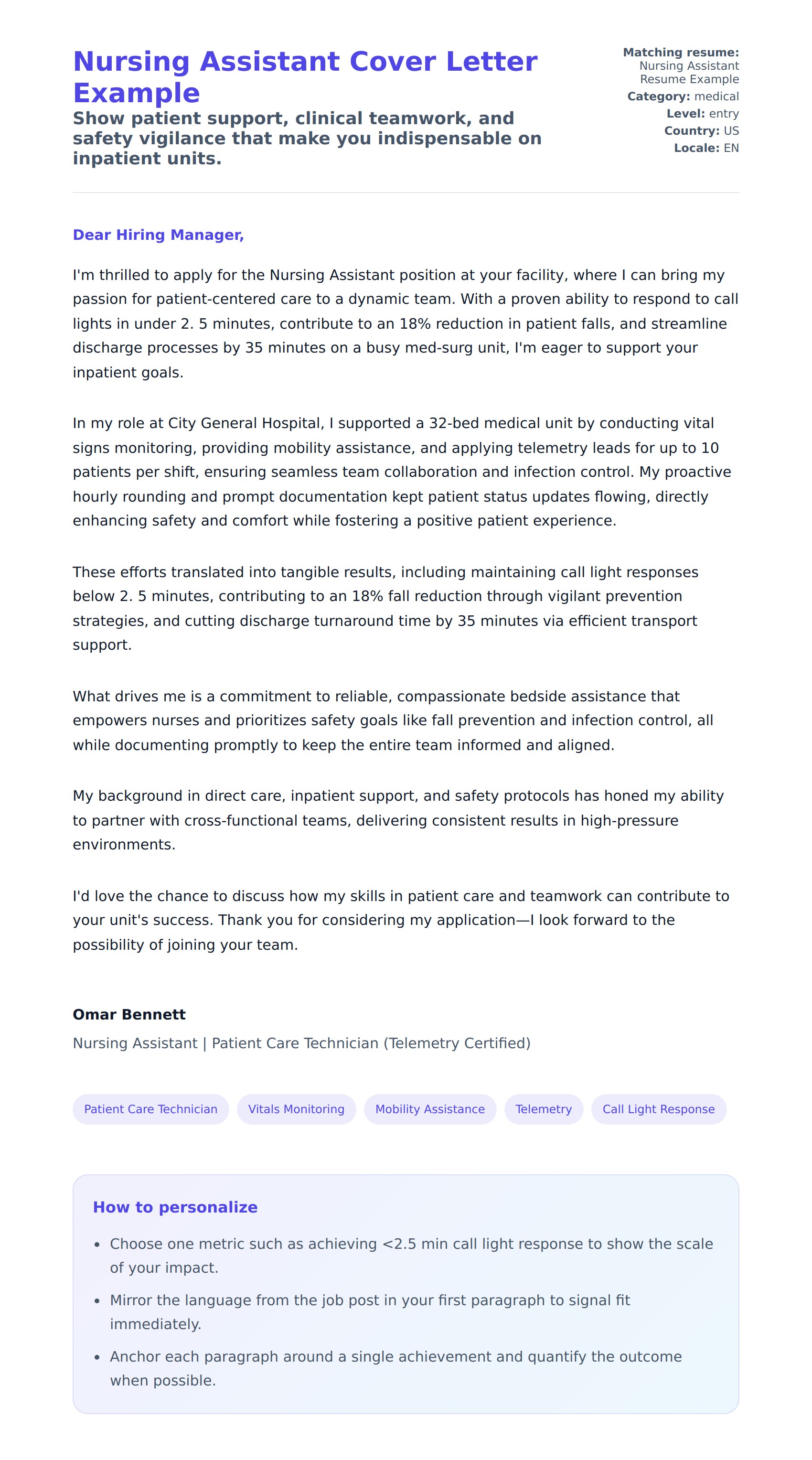 Cover Letter preview for Nursing Assistant Cover Letter Example