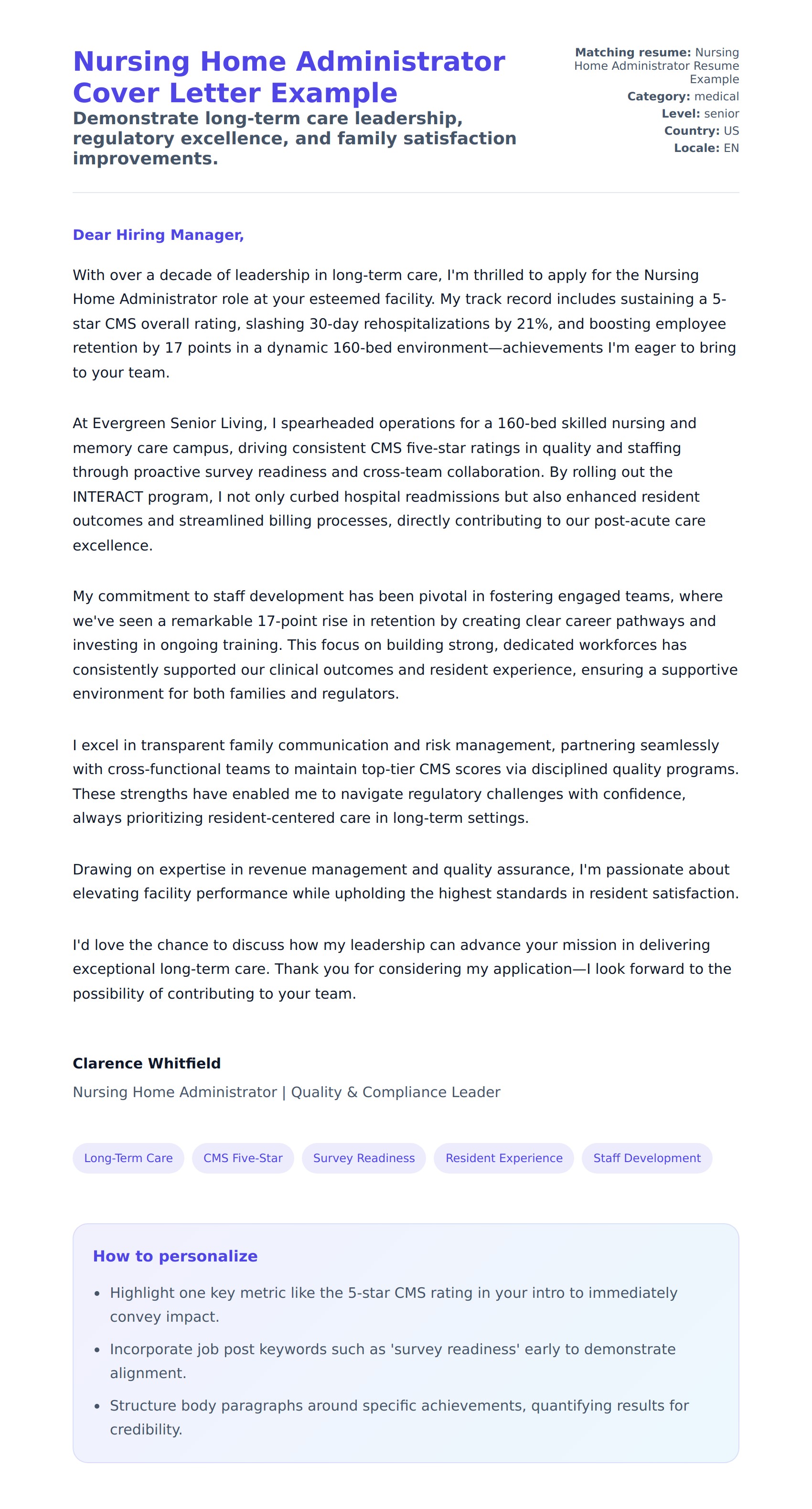 Cover Letter preview for Nursing Home Administrator Cover Letter Example