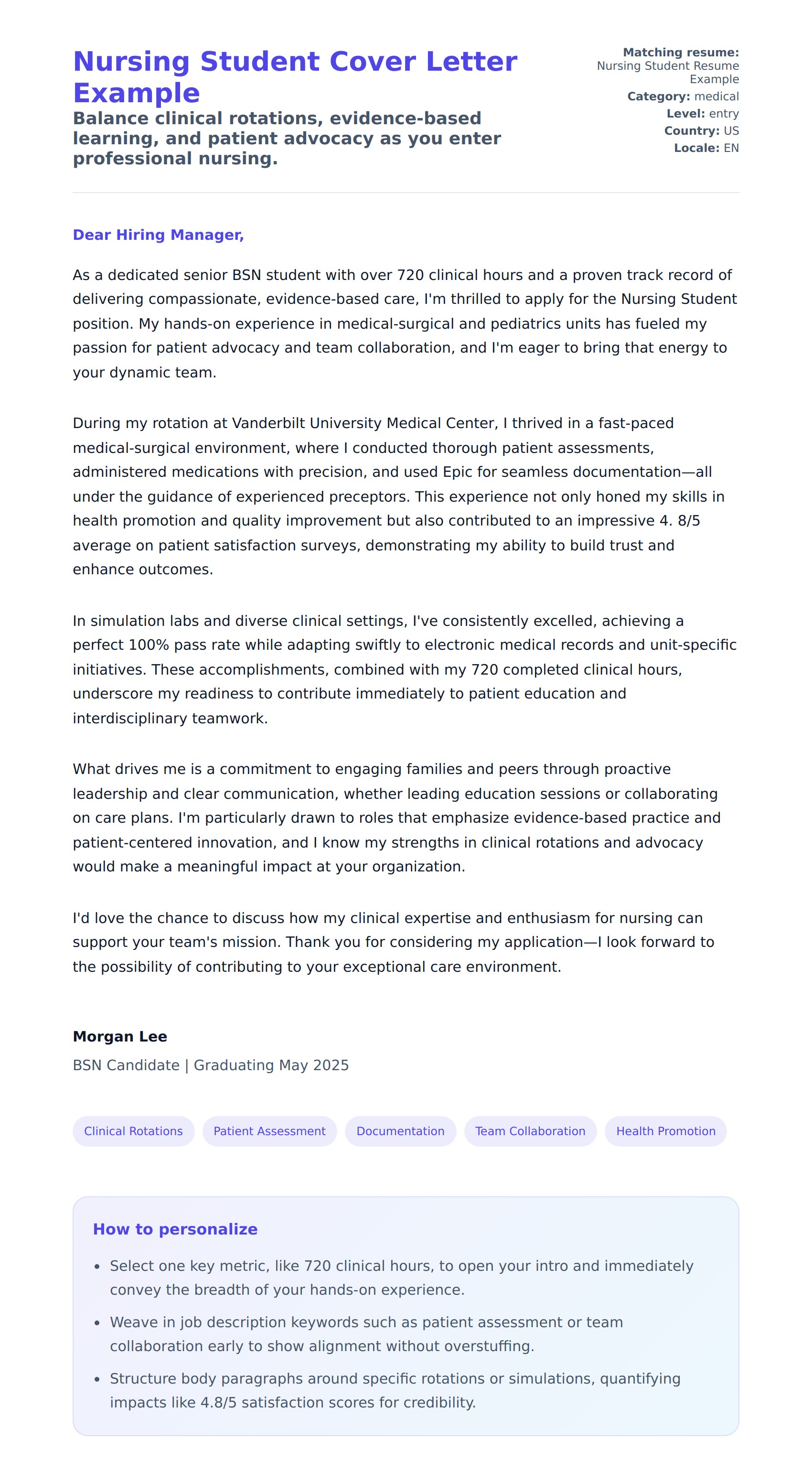 Cover Letter preview for Nursing Student Cover Letter Example