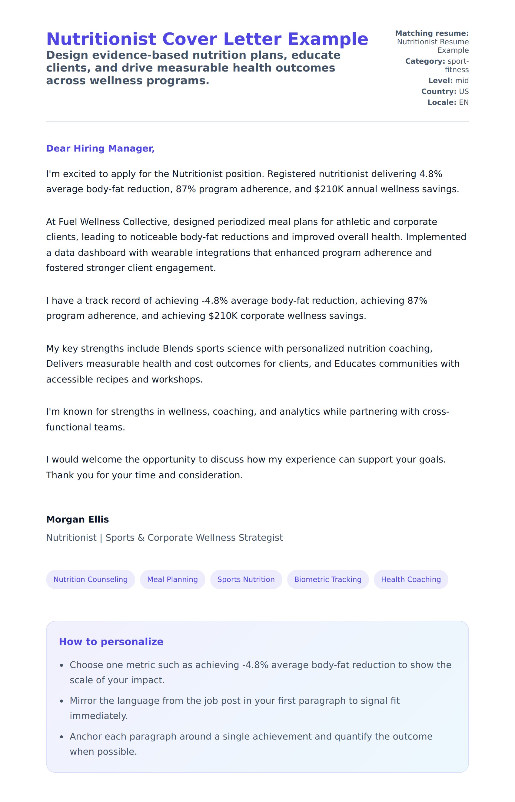 Cover Letter preview for Nutritionist Cover Letter Example