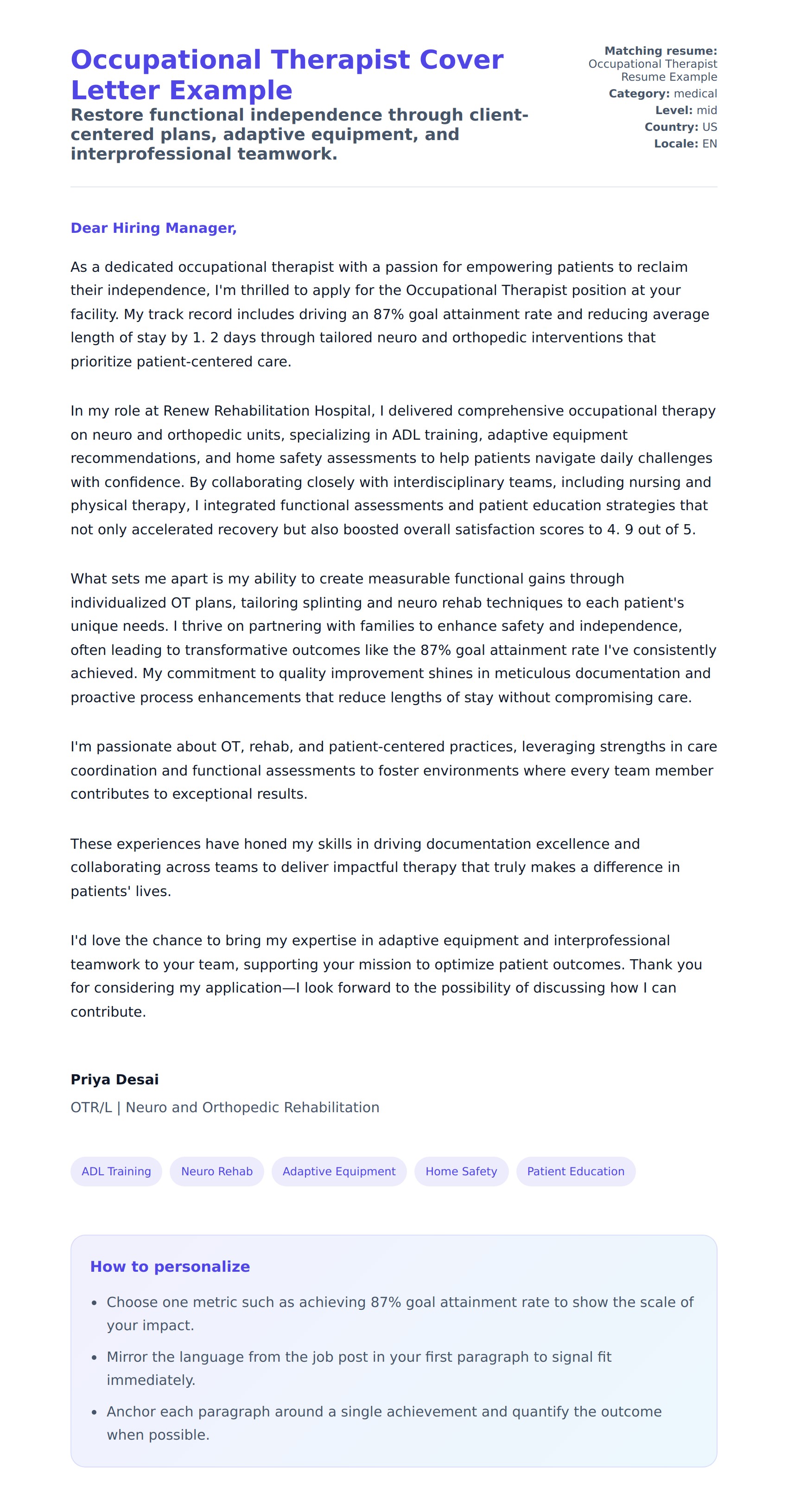 Cover Letter preview for Occupational Therapist Cover Letter Example
