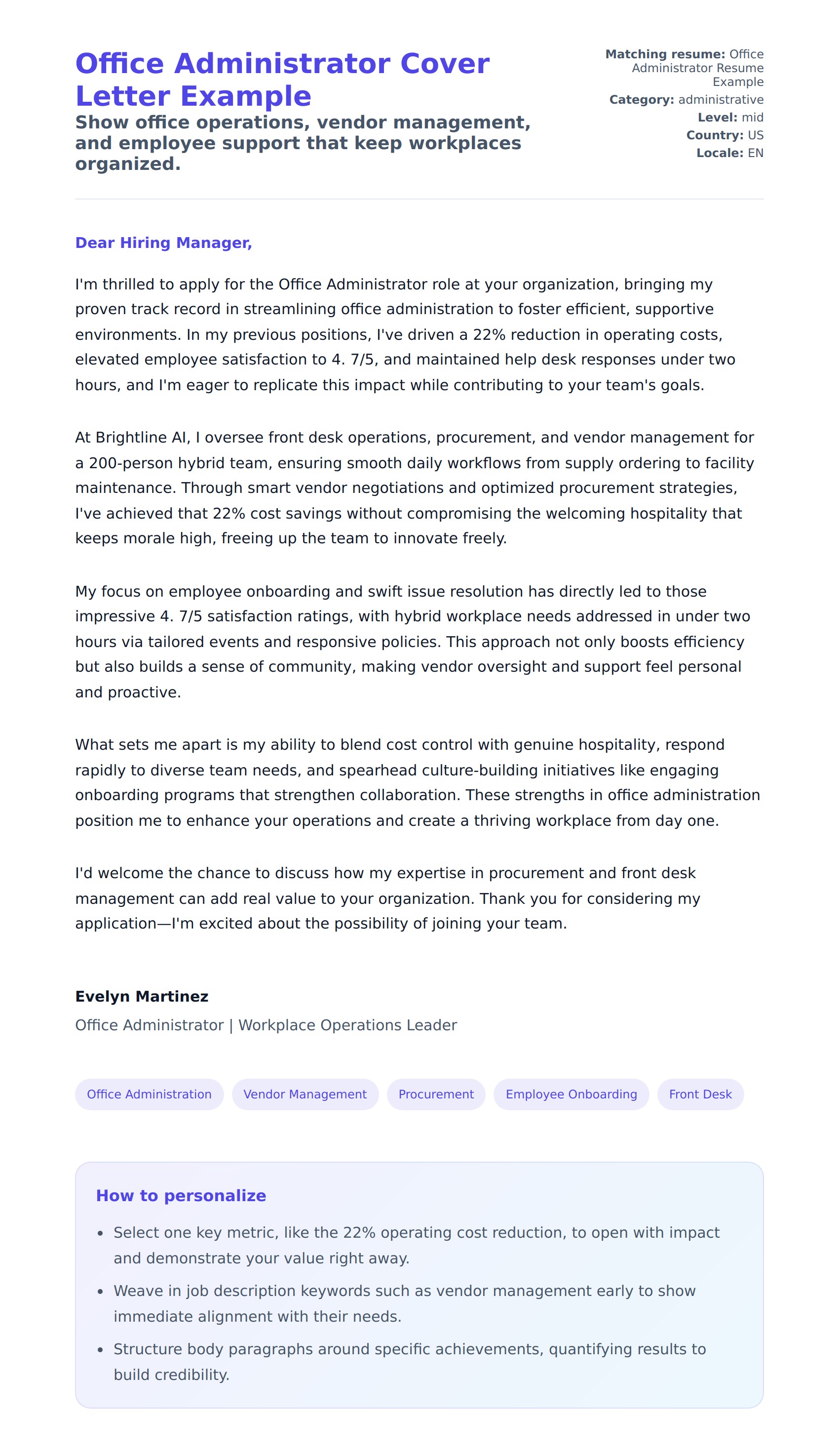 Cover Letter preview for Office Administrator Cover Letter Example