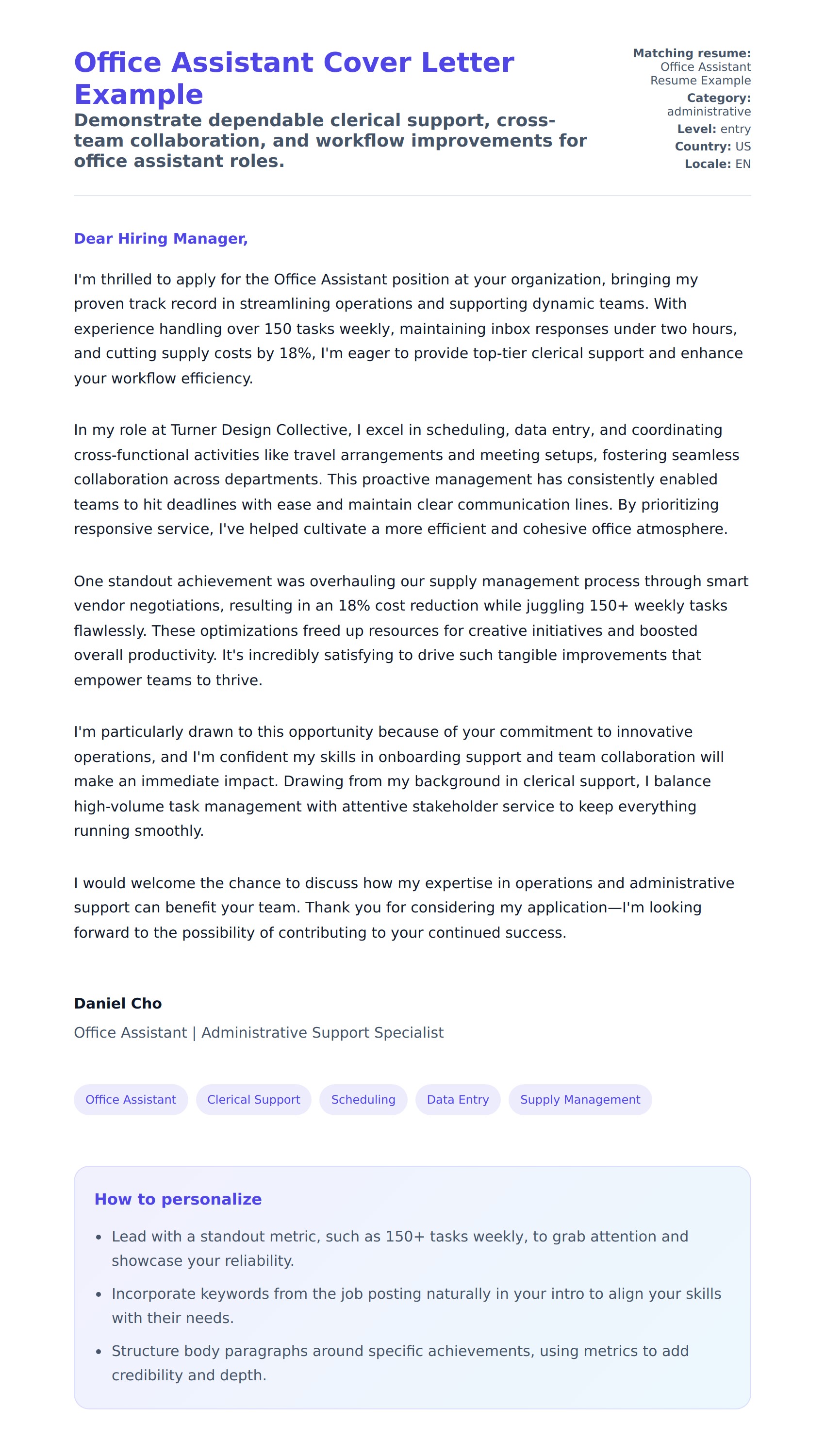 Cover Letter preview for Office Assistant Cover Letter Example