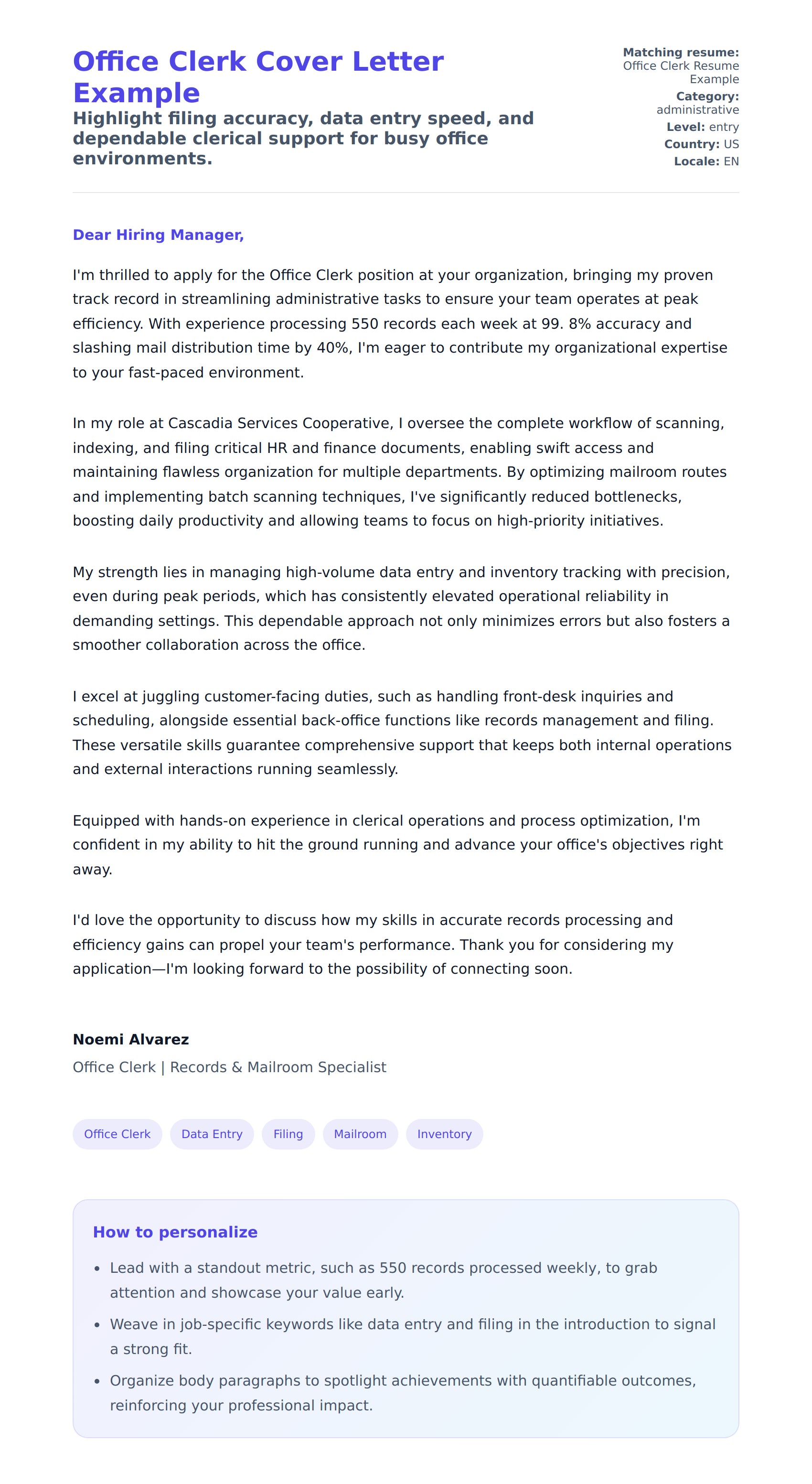 Cover Letter preview for Office Clerk Cover Letter Example
