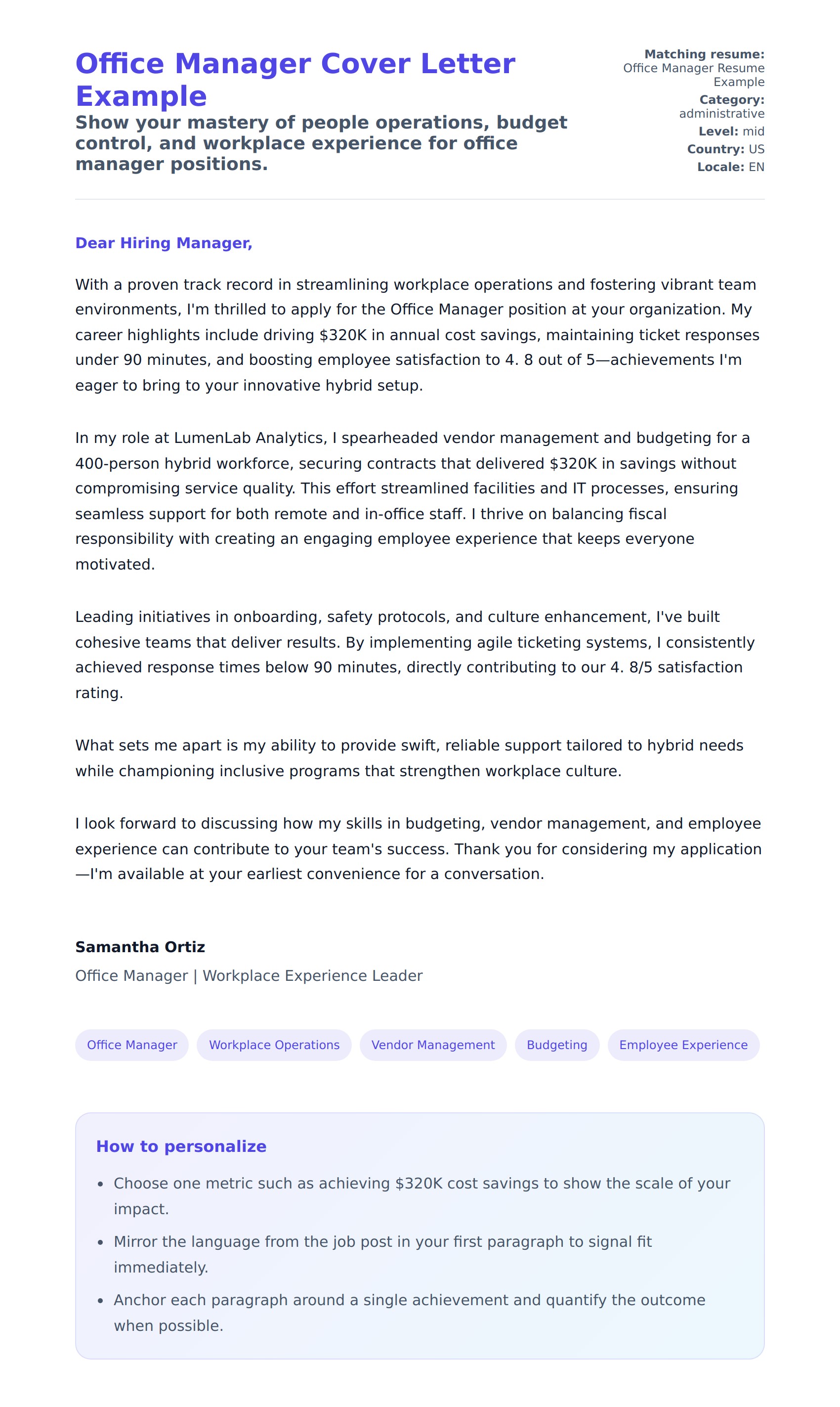 Cover Letter preview for Office Manager Cover Letter Example