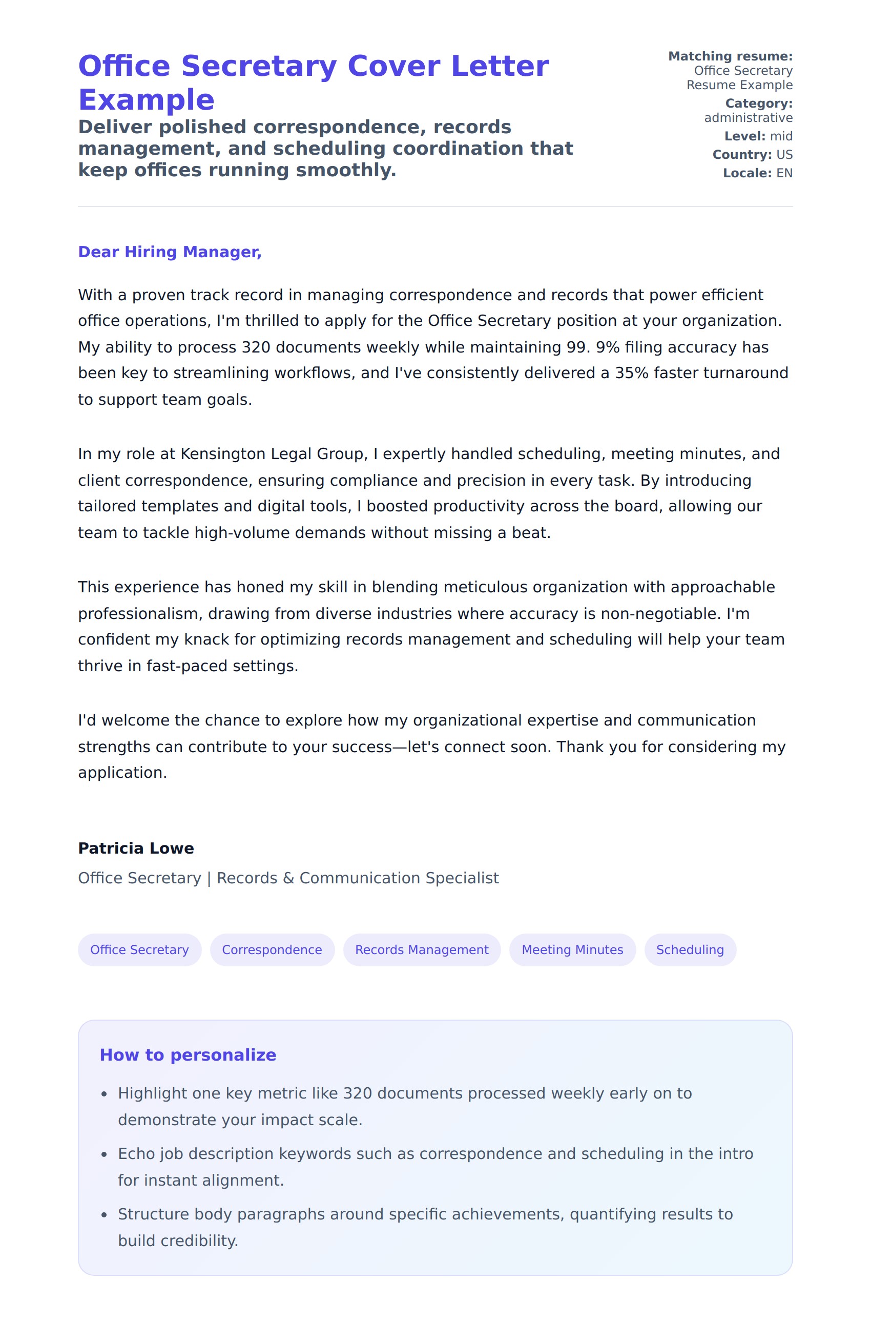 Cover Letter preview for Office Secretary Cover Letter Example