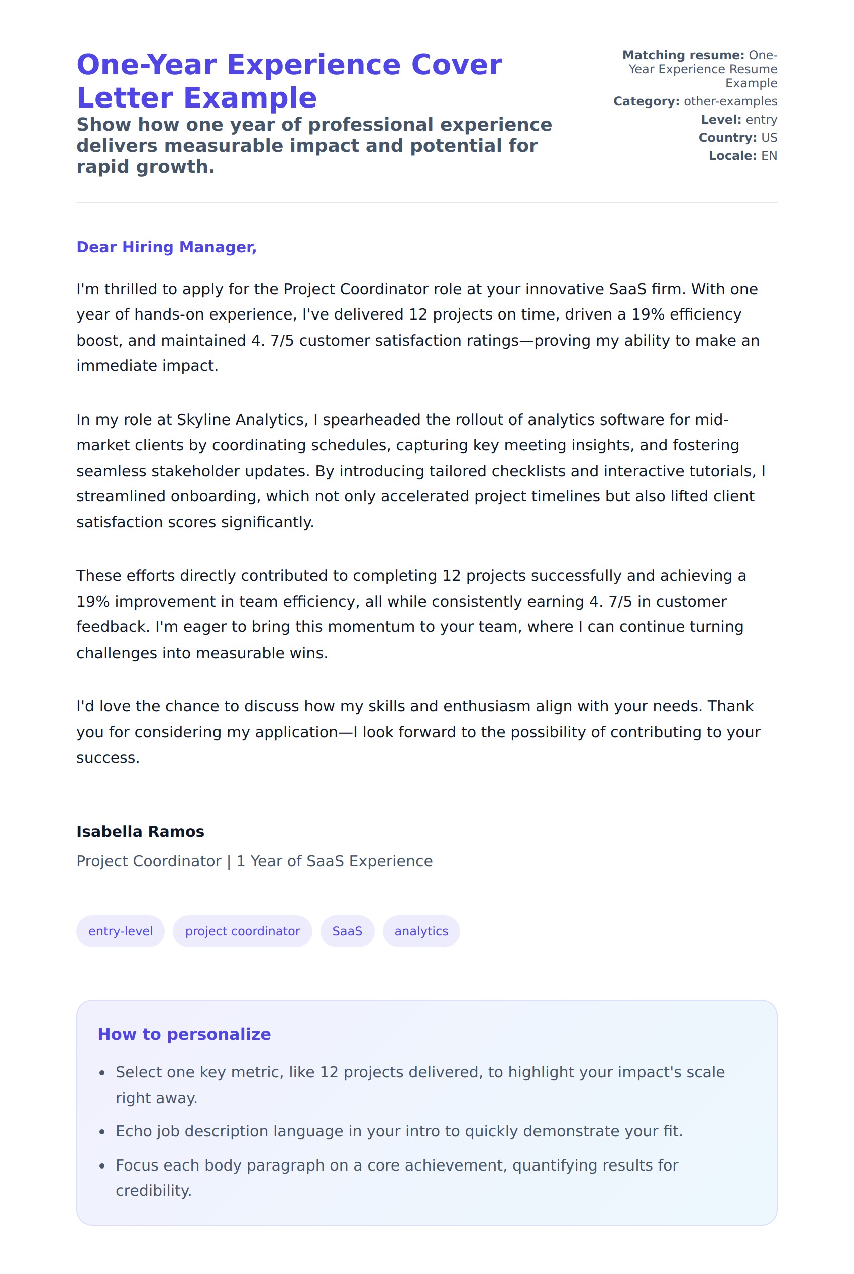 Cover Letter preview for One-Year Experience Cover Letter Example