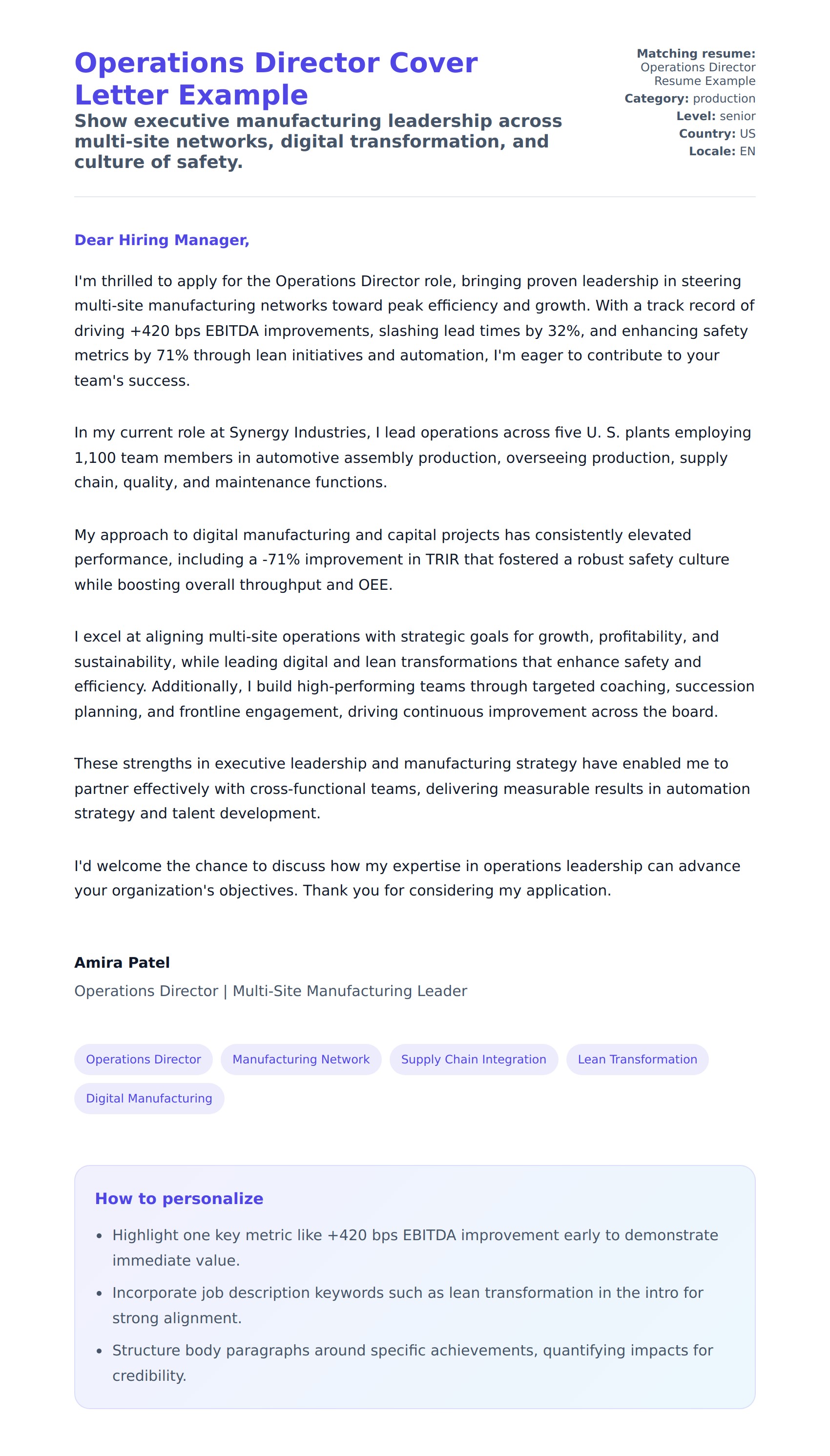 Cover Letter preview for Operations Director Cover Letter Example