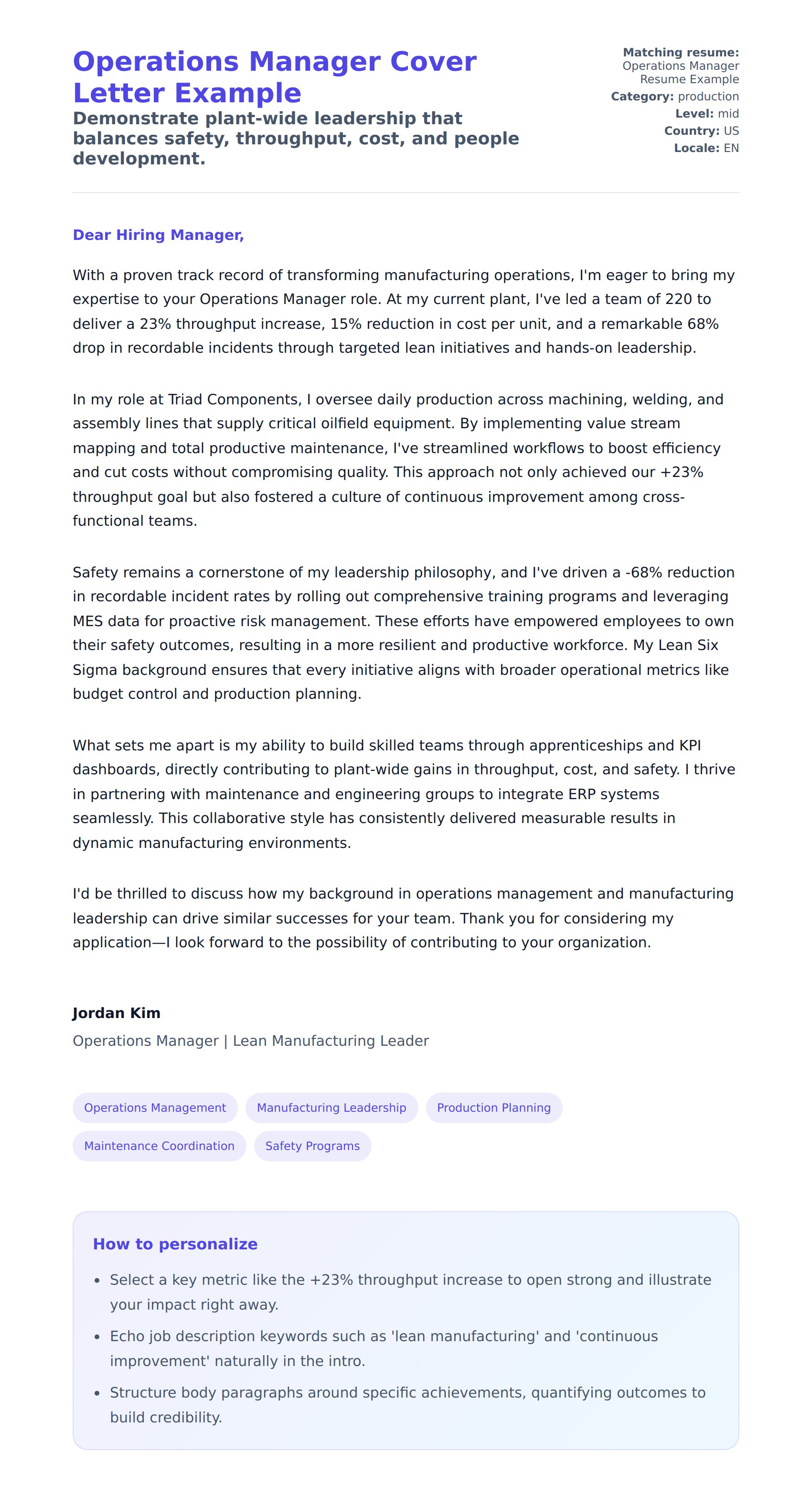 Cover Letter preview for Operations Manager Cover Letter Example