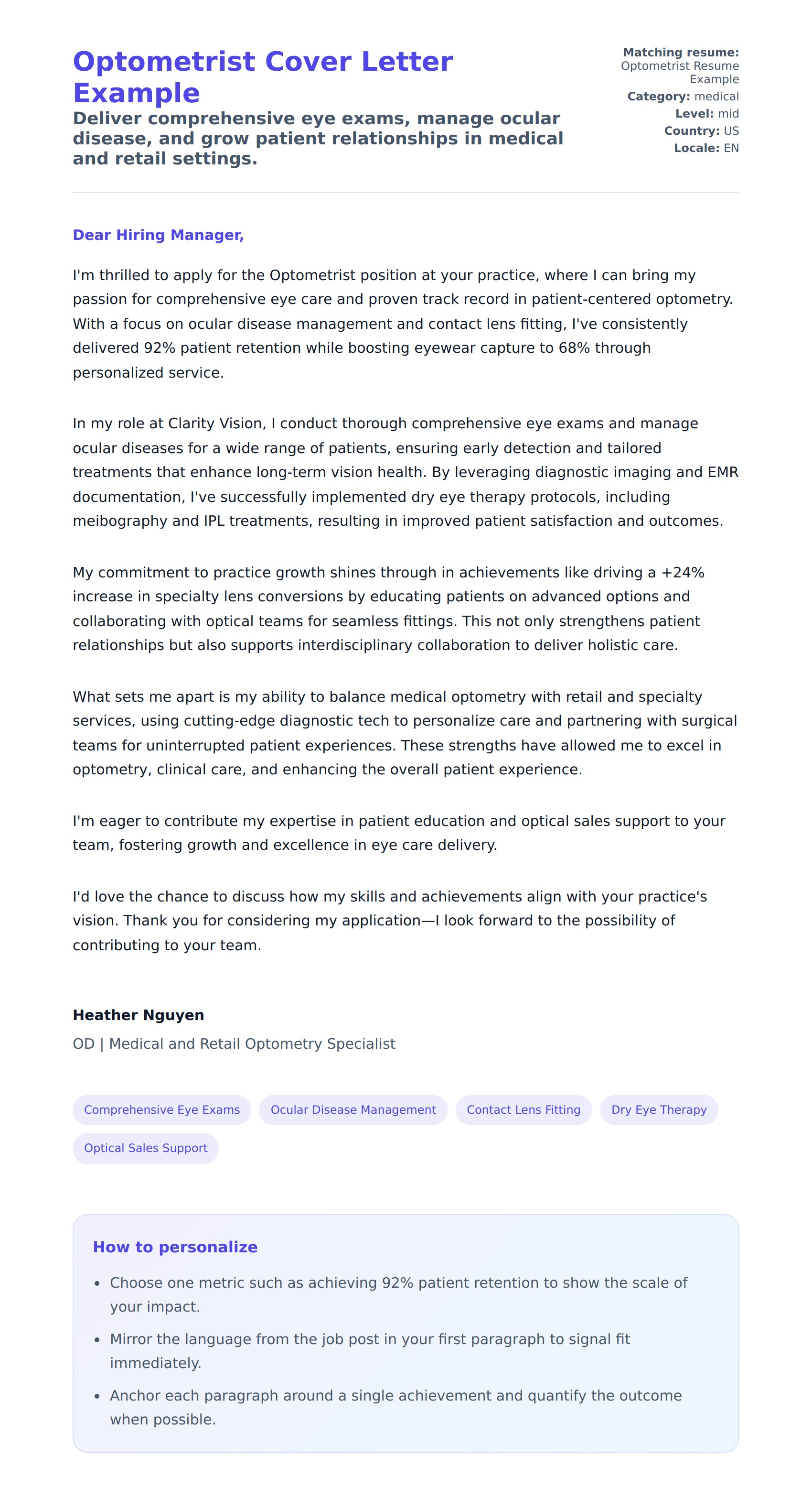 Cover Letter preview for Optometrist Cover Letter Example