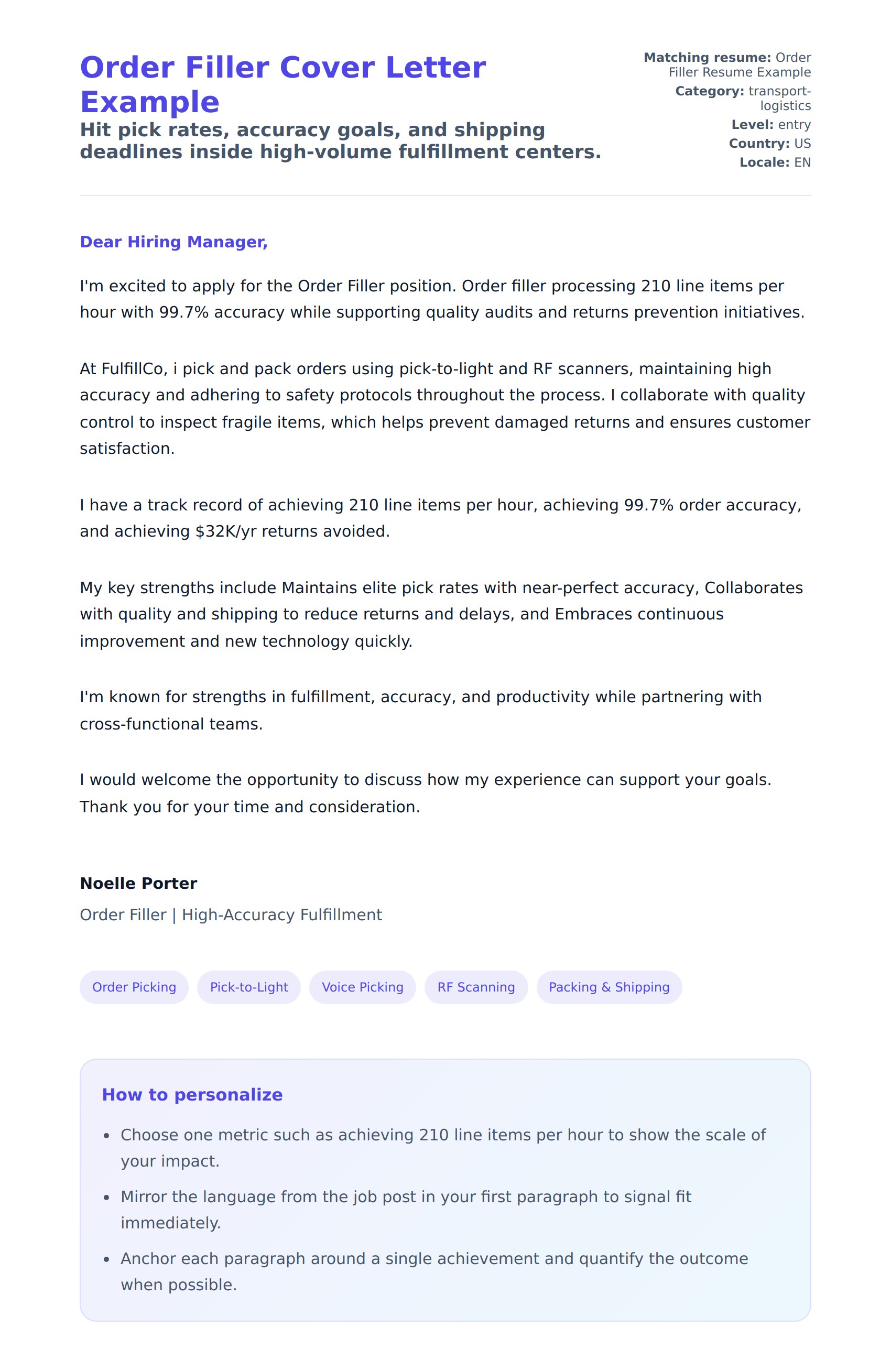 Cover Letter preview for Order Filler Cover Letter Example