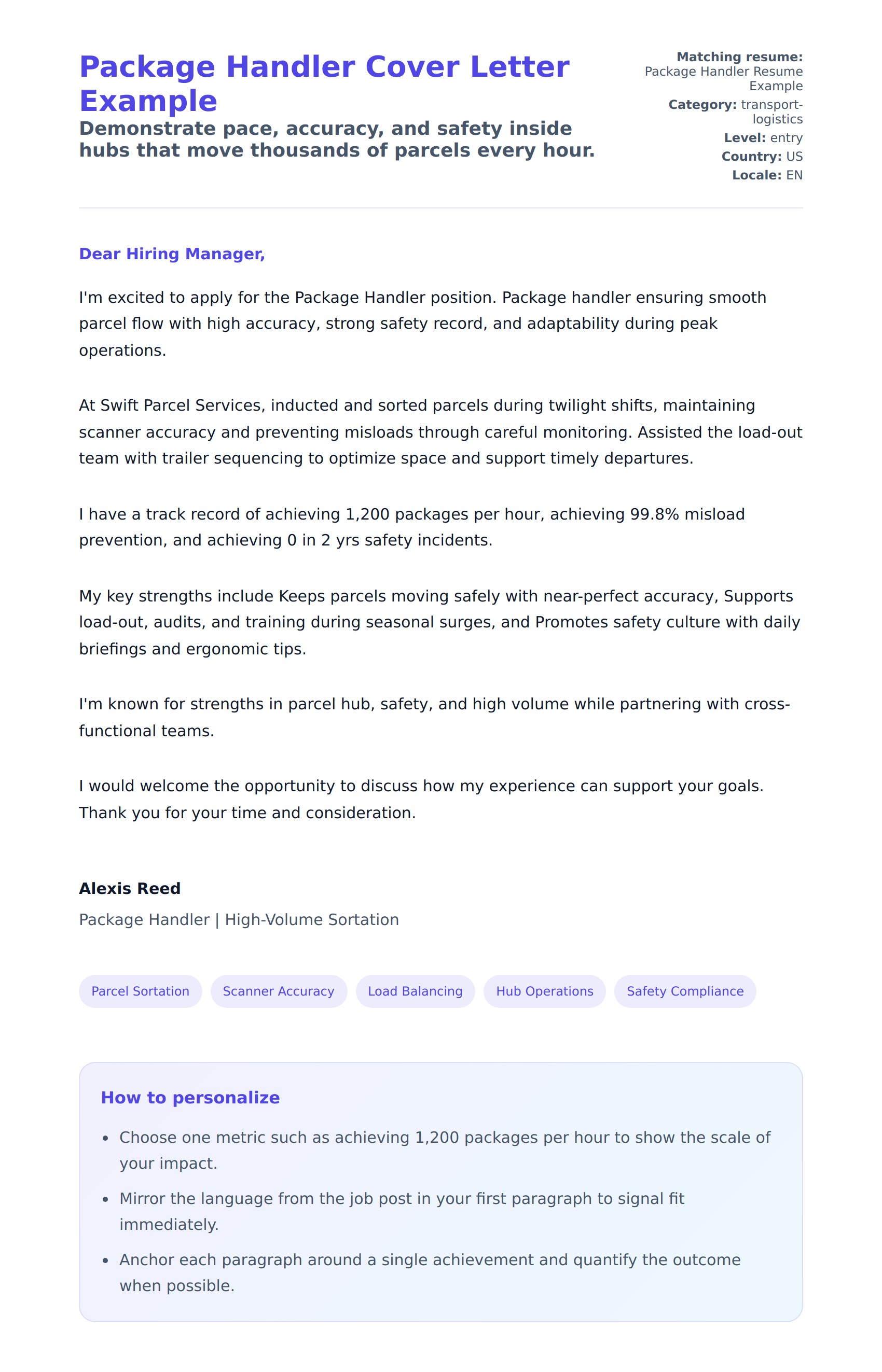 Cover Letter preview for Package Handler Cover Letter Example