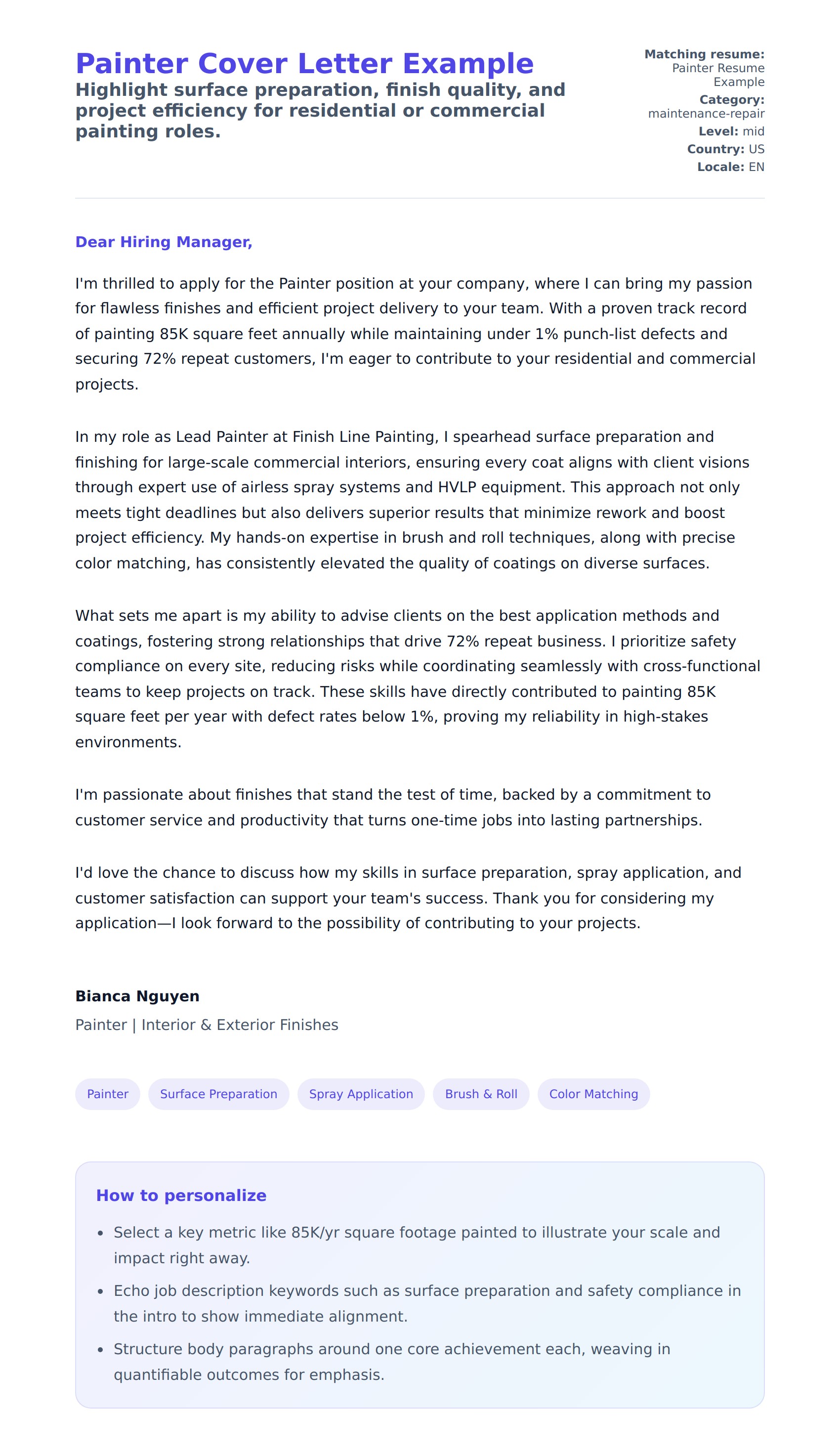 Cover Letter preview for Painter Cover Letter Example