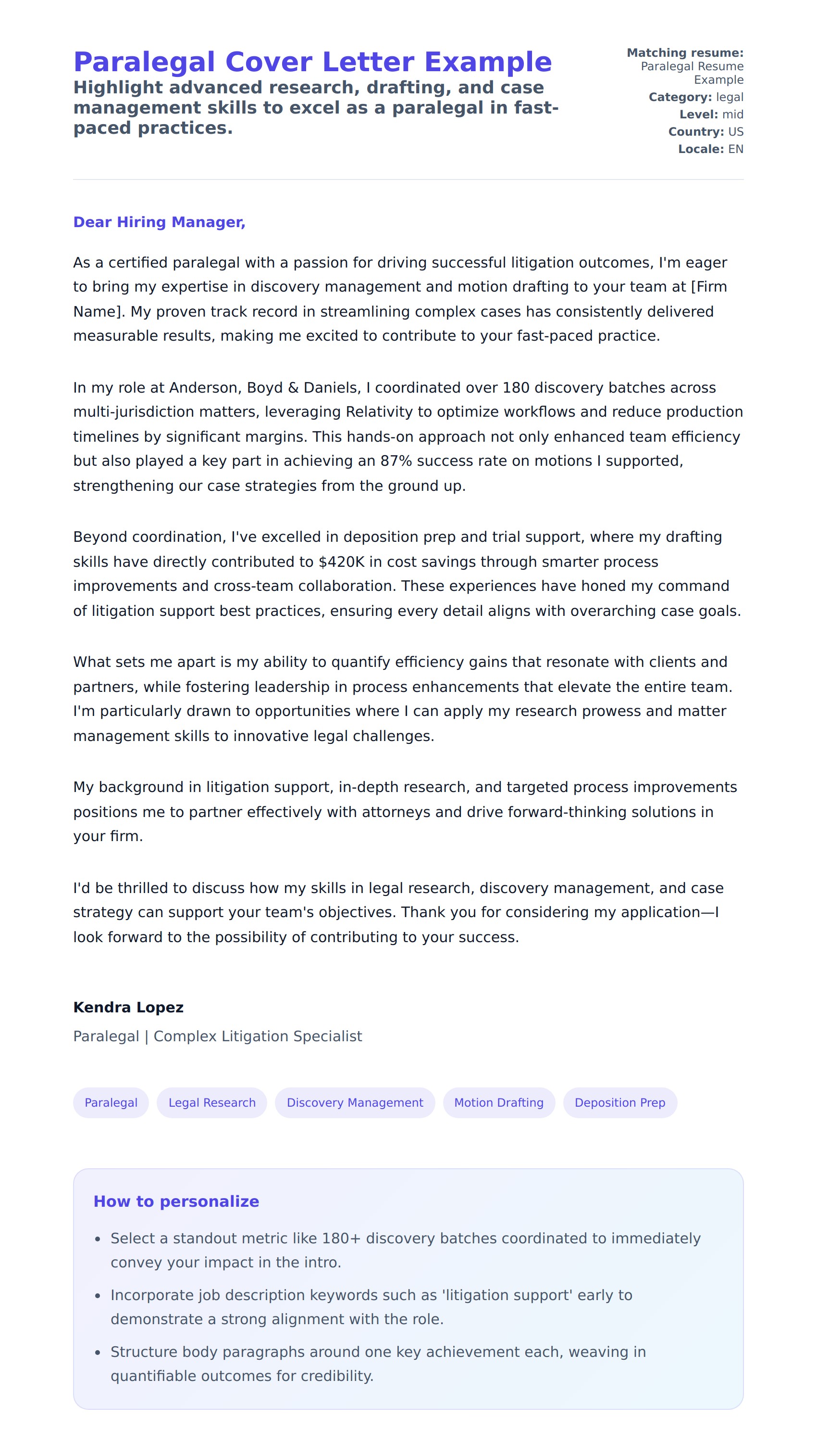 Cover Letter preview for Paralegal Cover Letter Example