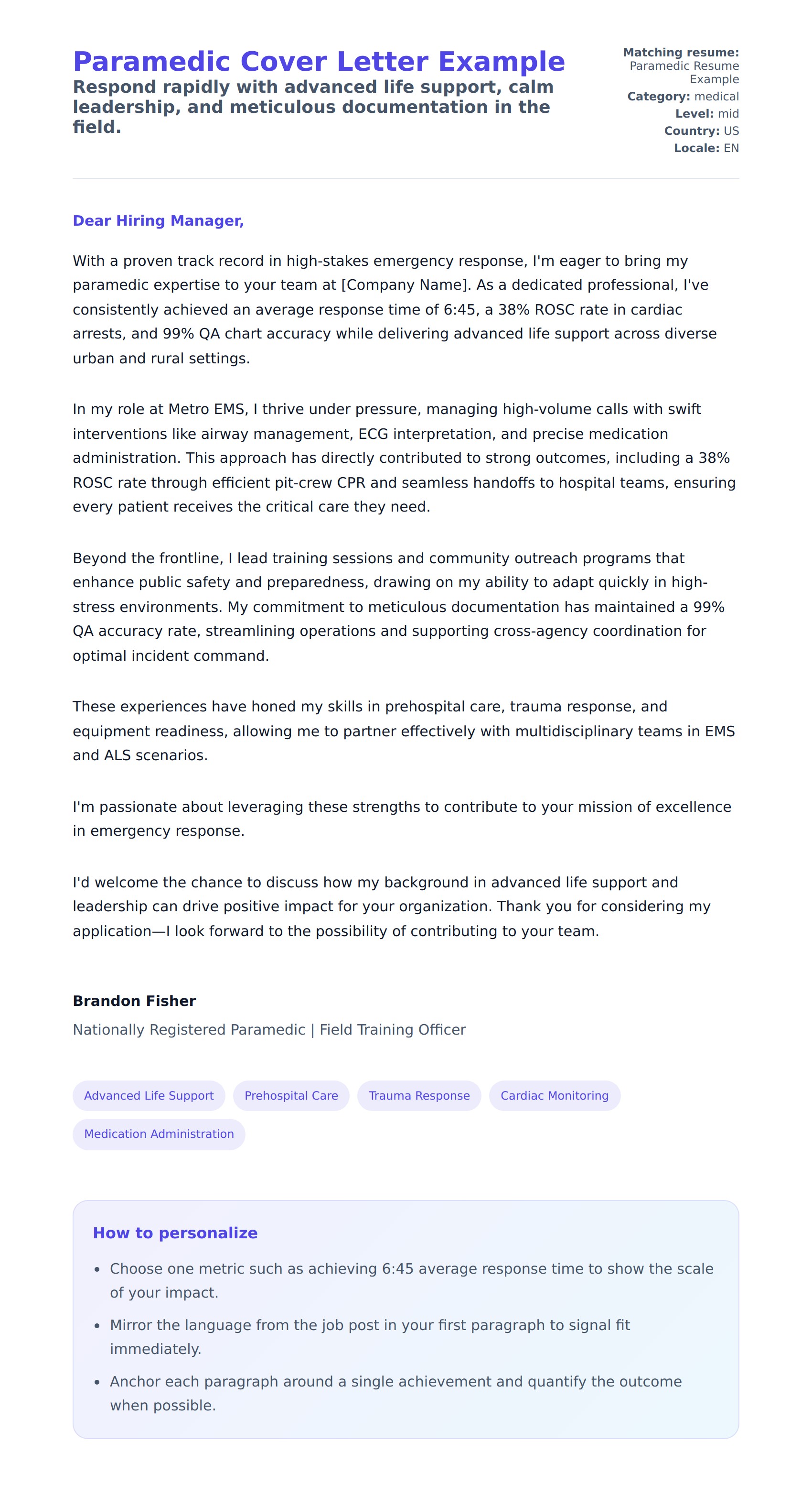 Cover Letter preview for Paramedic Cover Letter Example