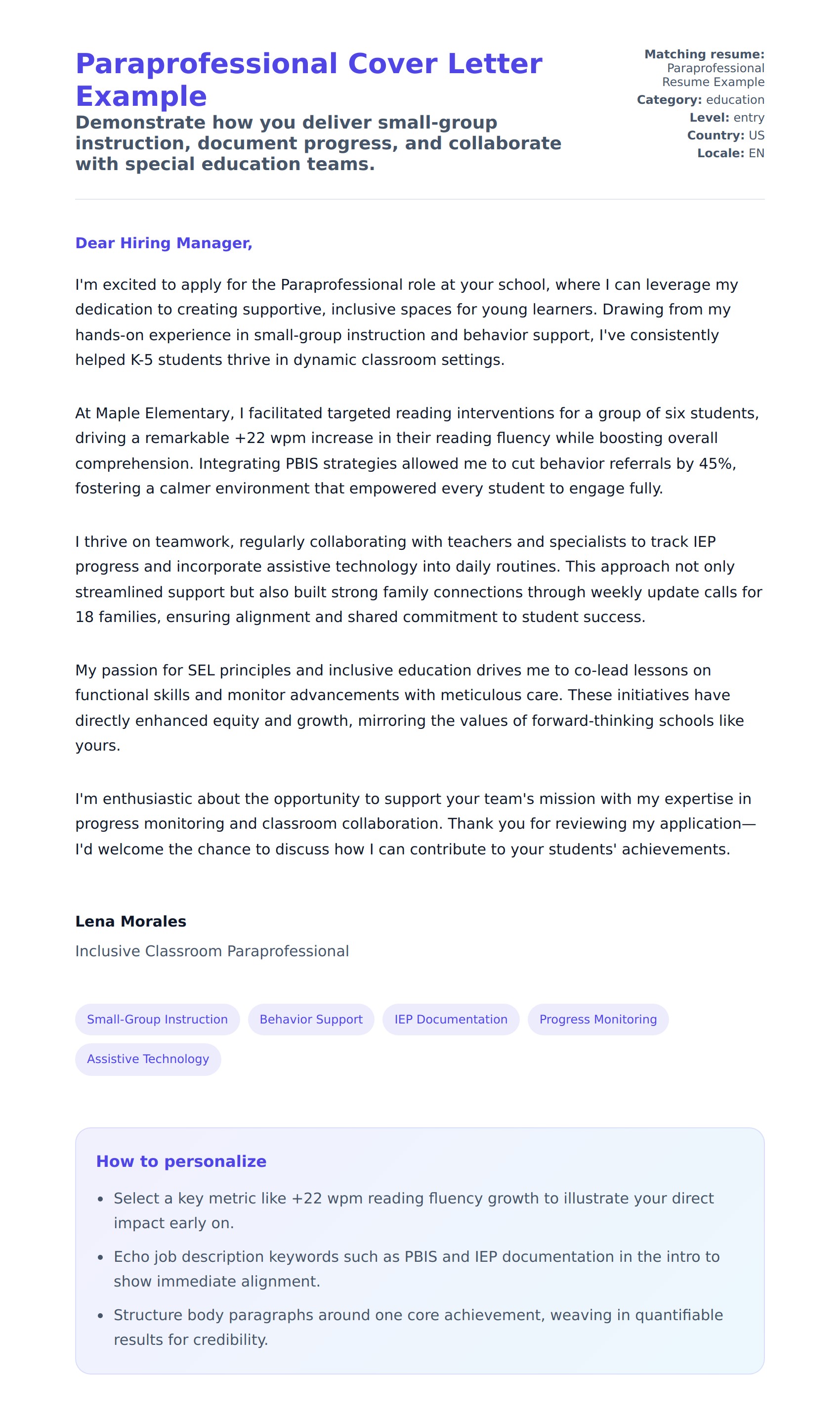 Cover Letter preview for Paraprofessional Cover Letter Example