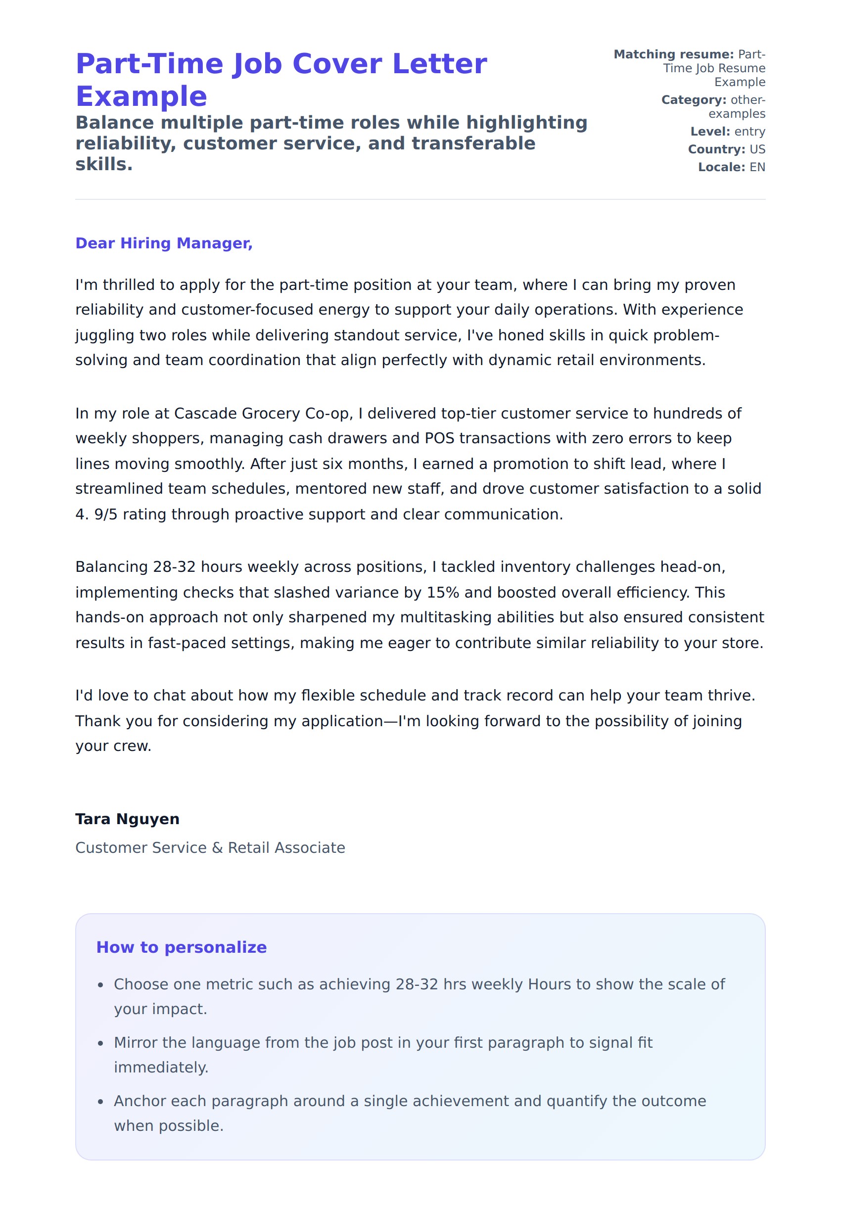 Cover Letter preview for Part-Time Job Cover Letter Example