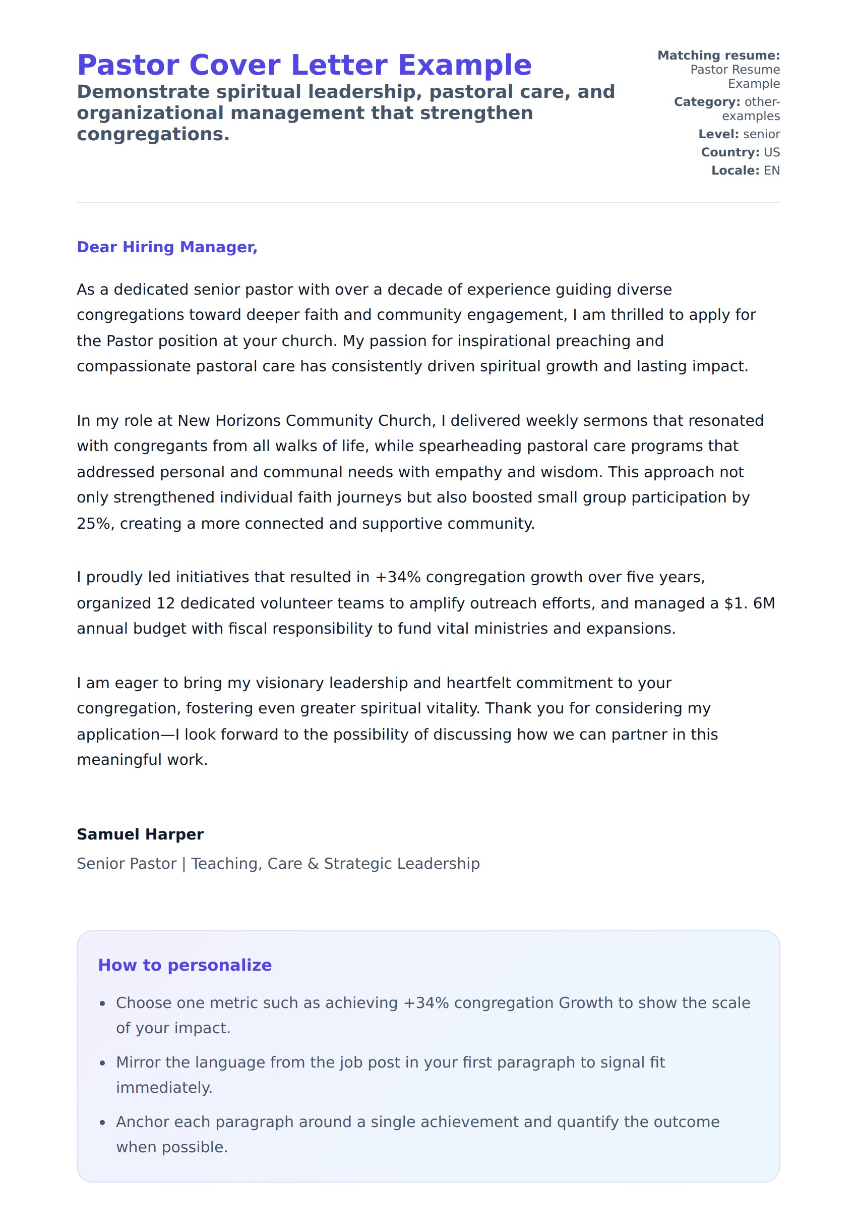 Cover Letter preview for Pastor Cover Letter Example