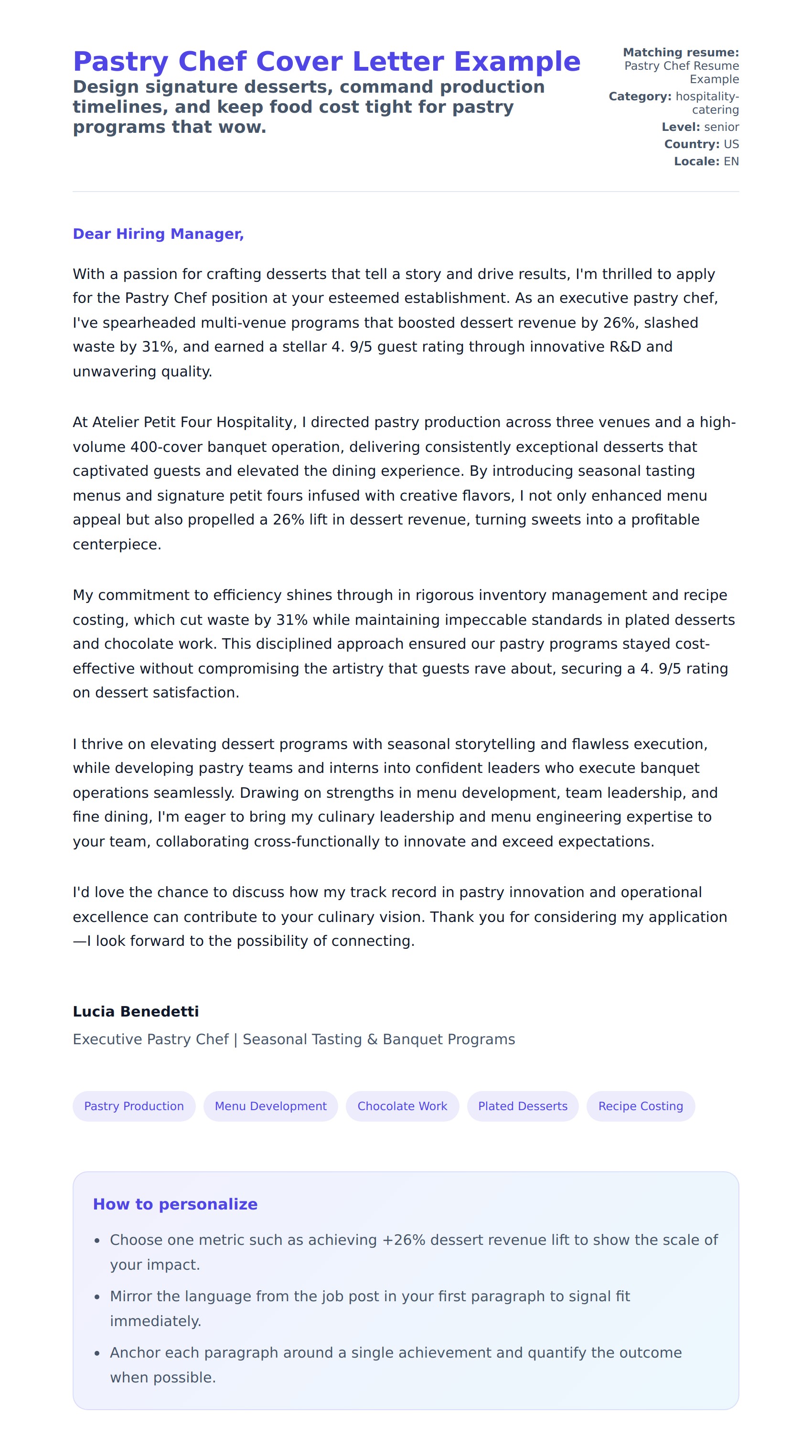 Cover Letter preview for Pastry Chef Cover Letter Example