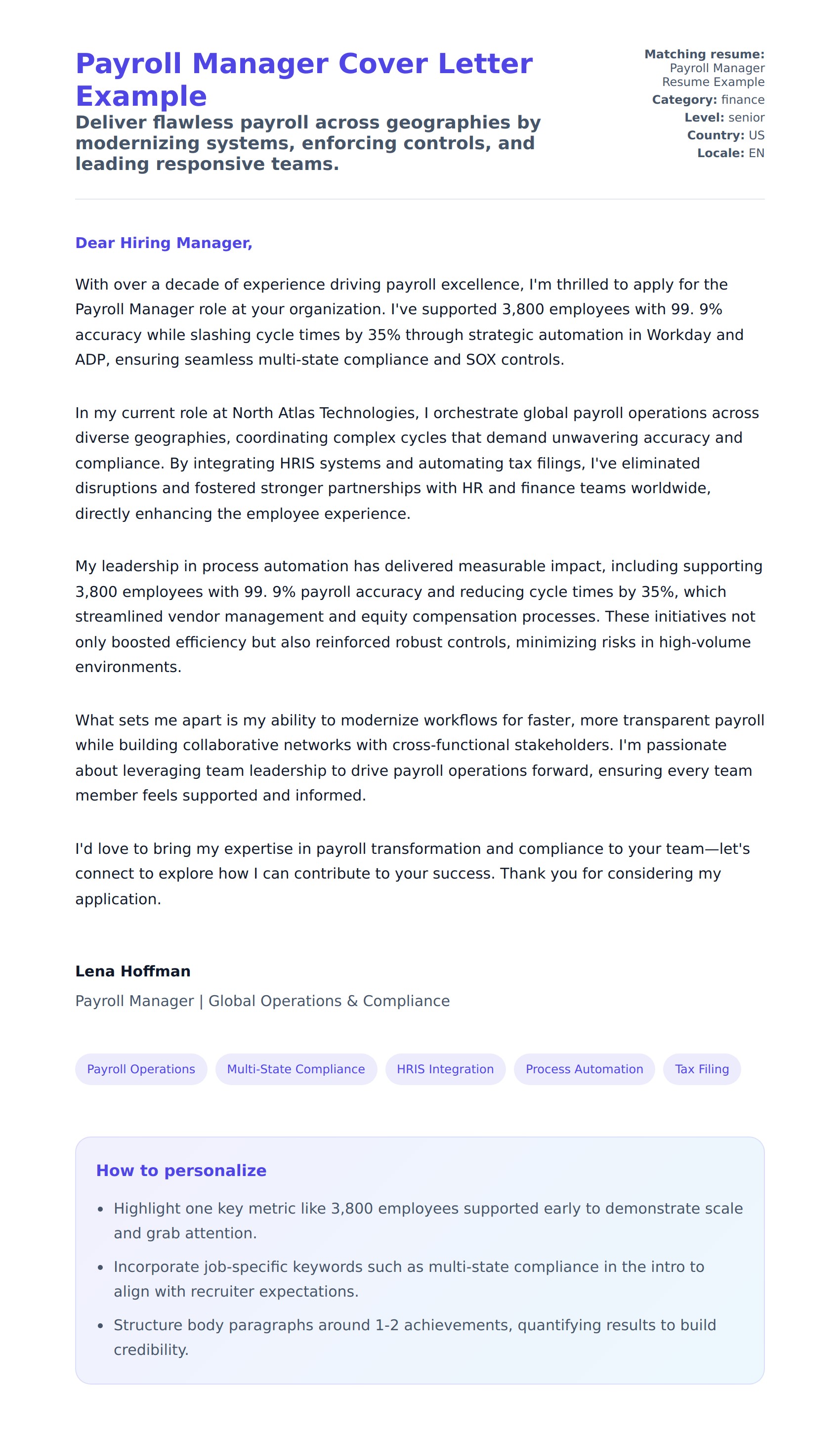 Cover Letter preview for Payroll Manager Cover Letter Example