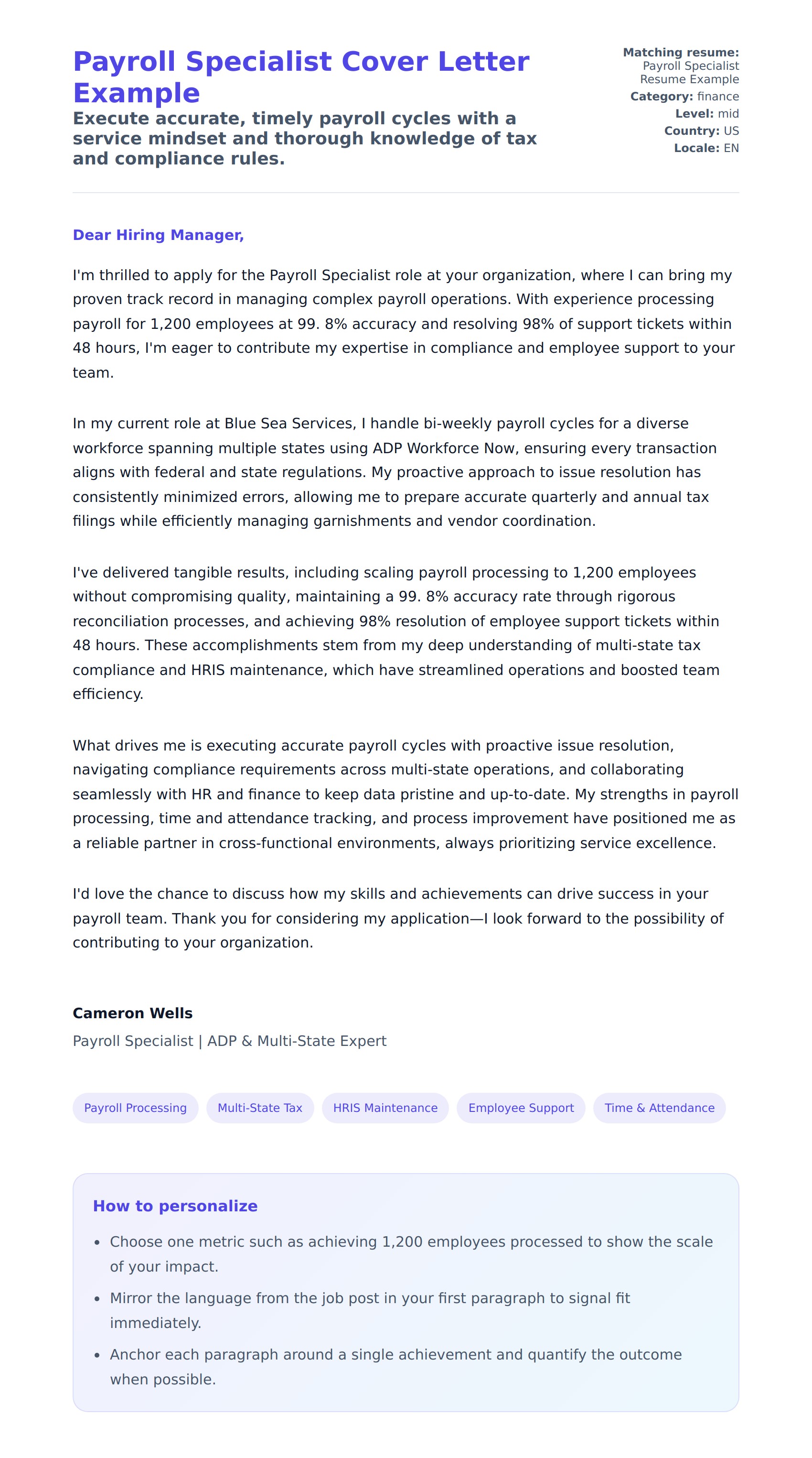 Cover Letter preview for Payroll Specialist Cover Letter Example