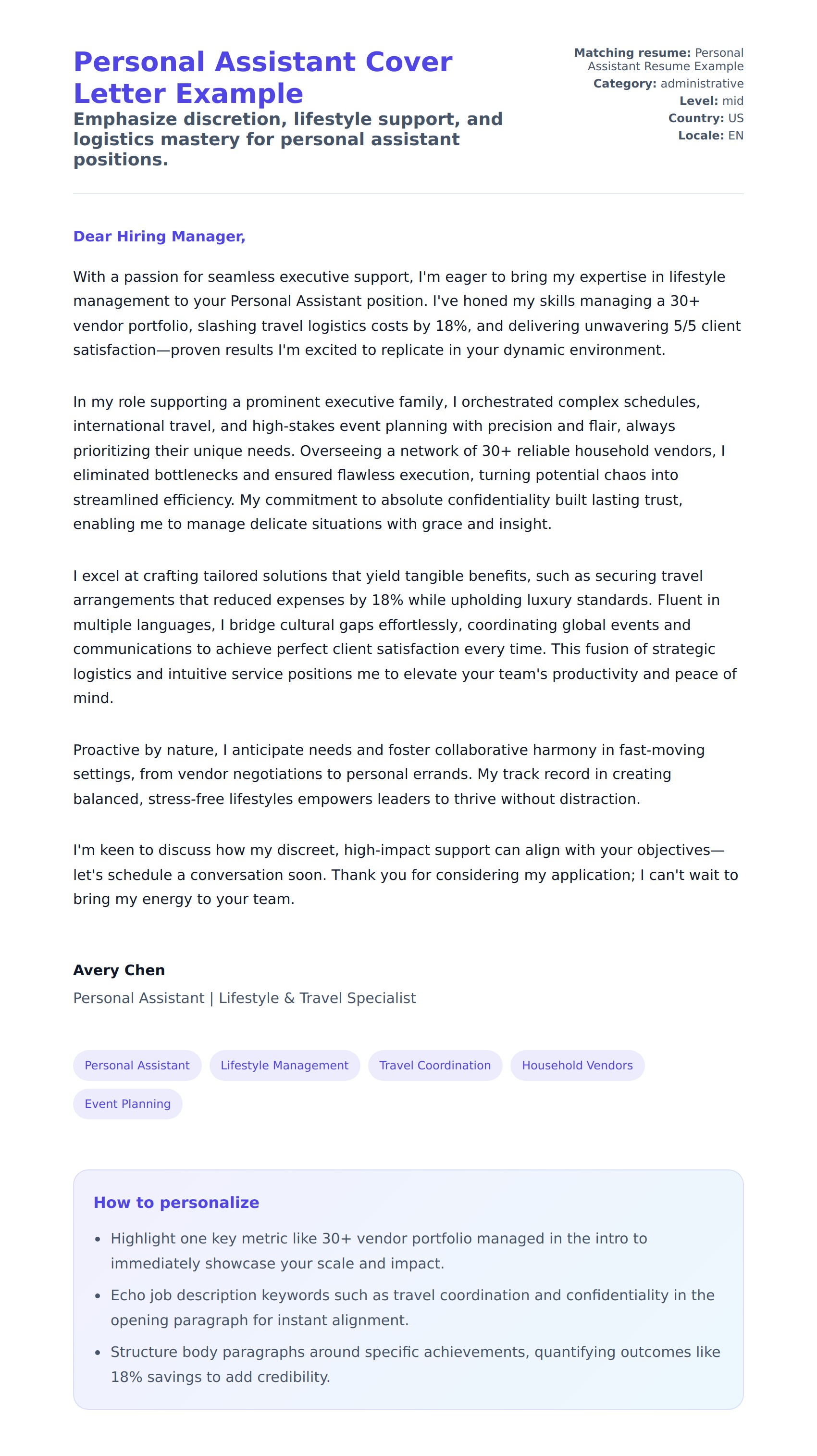 Cover Letter preview for Personal Assistant Cover Letter Example