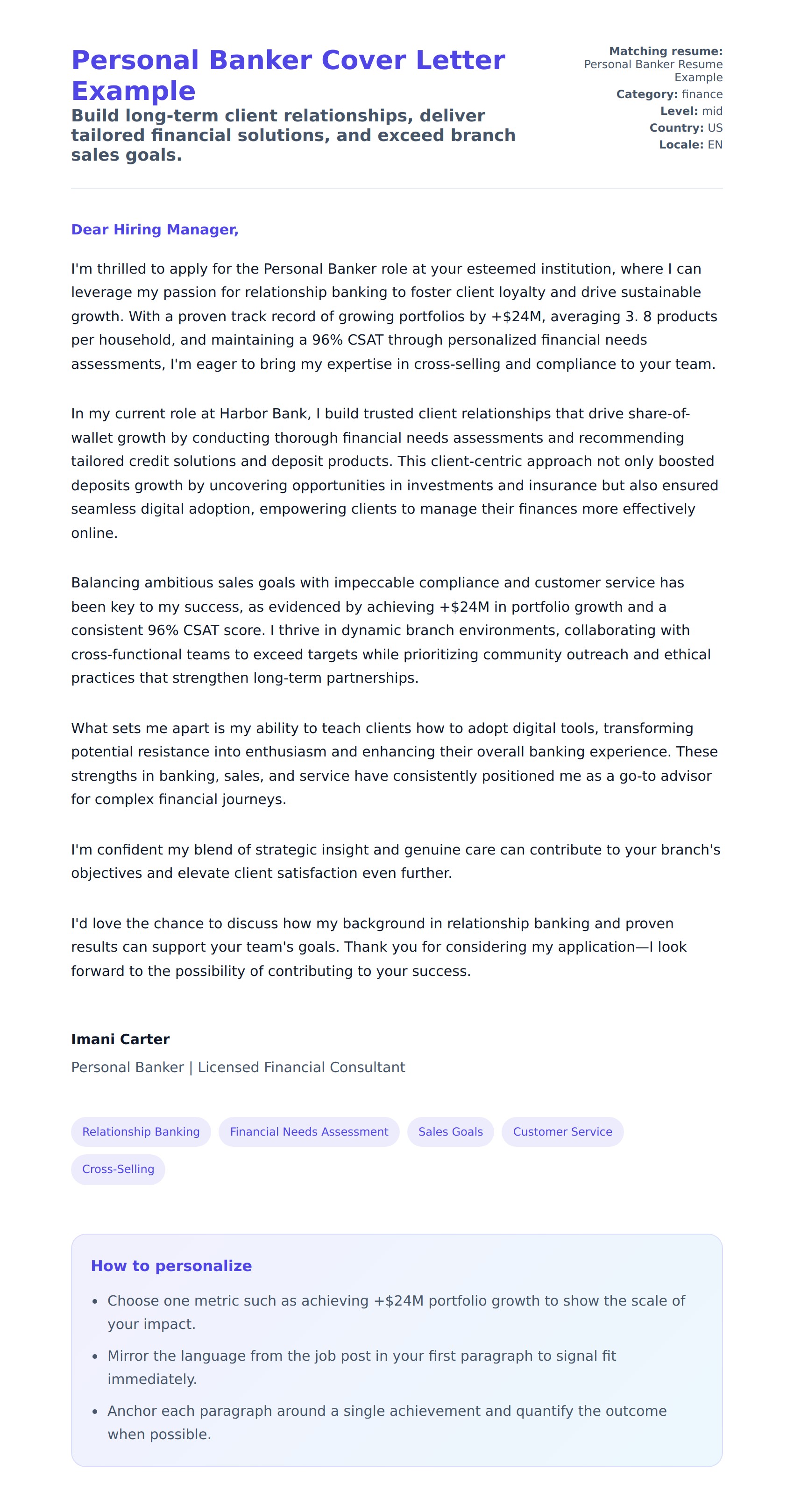 Cover Letter preview for Personal Banker Cover Letter Example