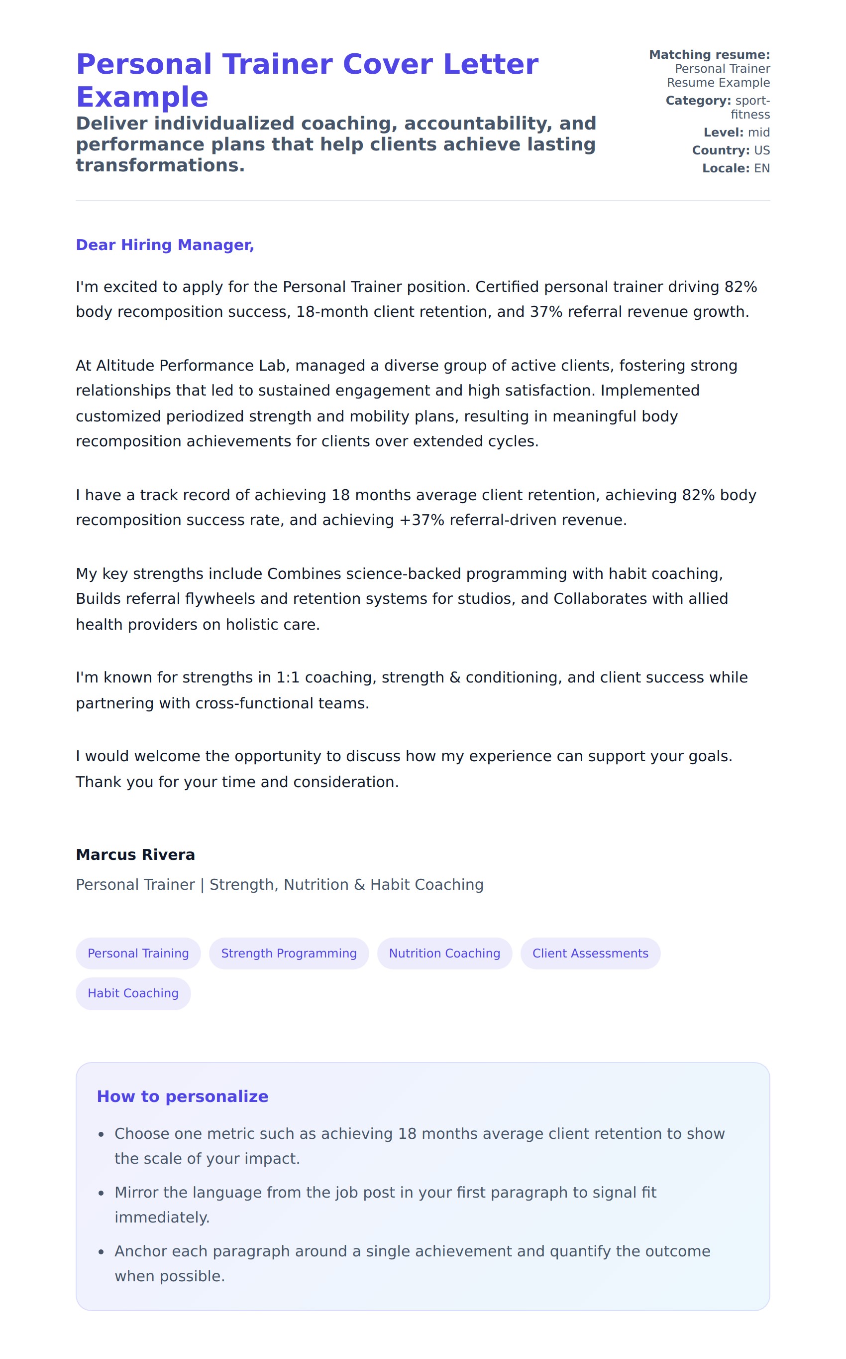 Cover Letter preview for Personal Trainer Cover Letter Example
