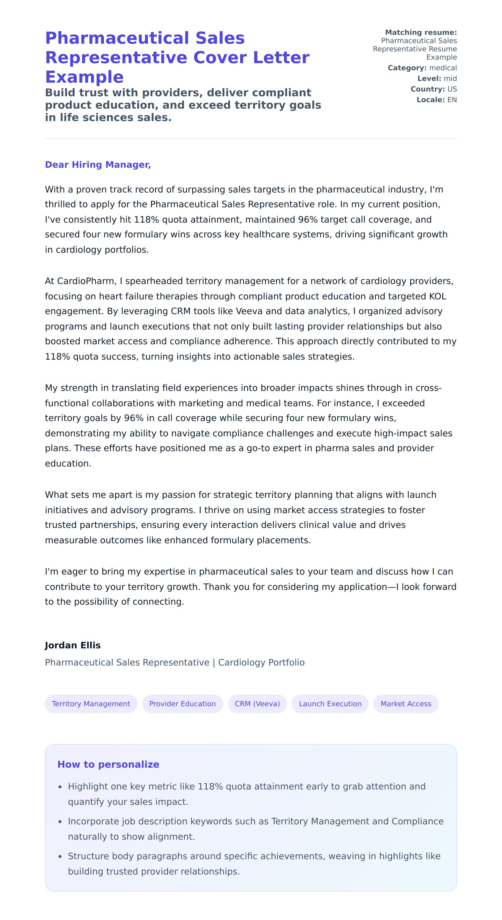 Cover Letter preview for Pharmaceutical Sales Representative Cover Letter Example